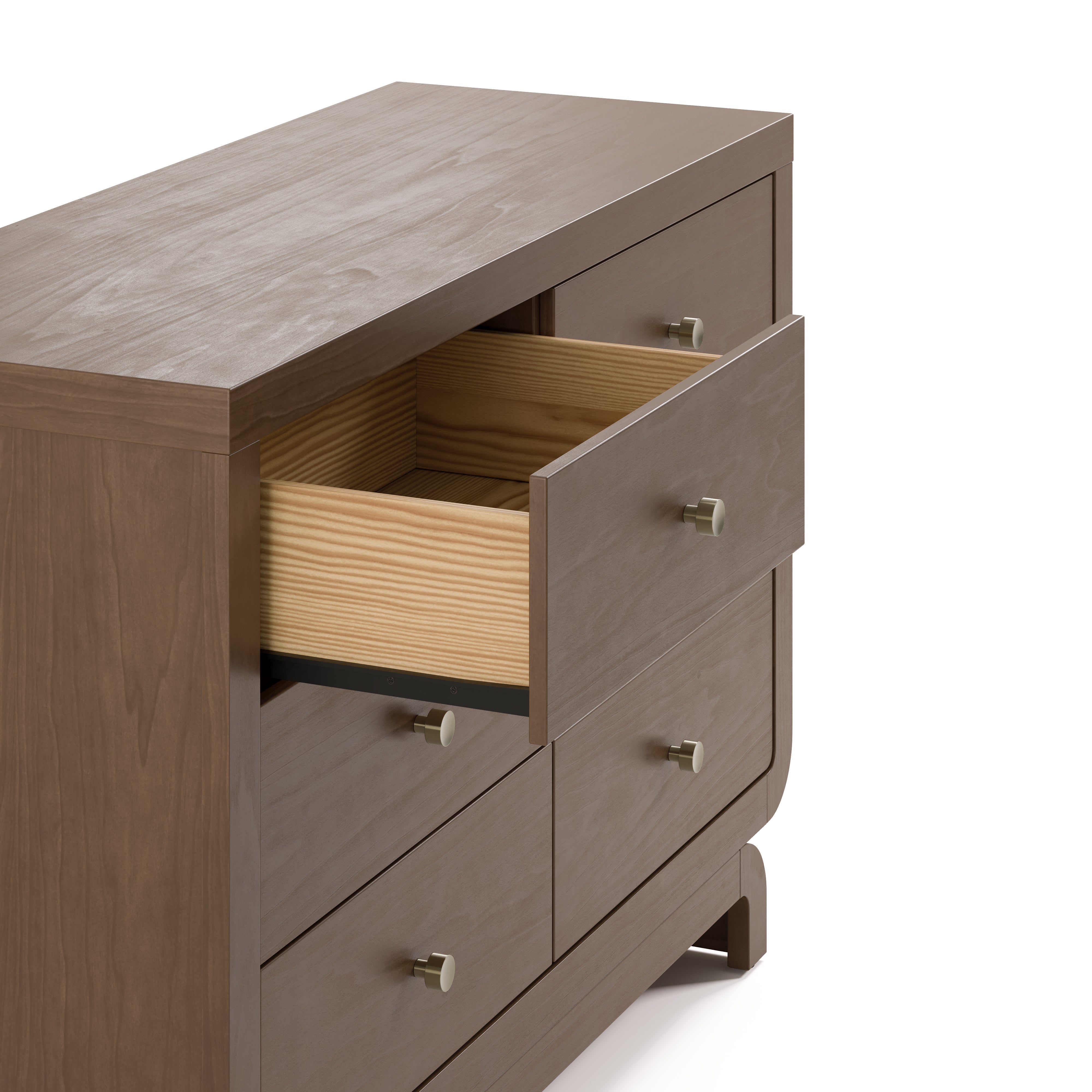 Santorini hazelnut 6 drawer dresser with top left drawer close up view of top left drawer open