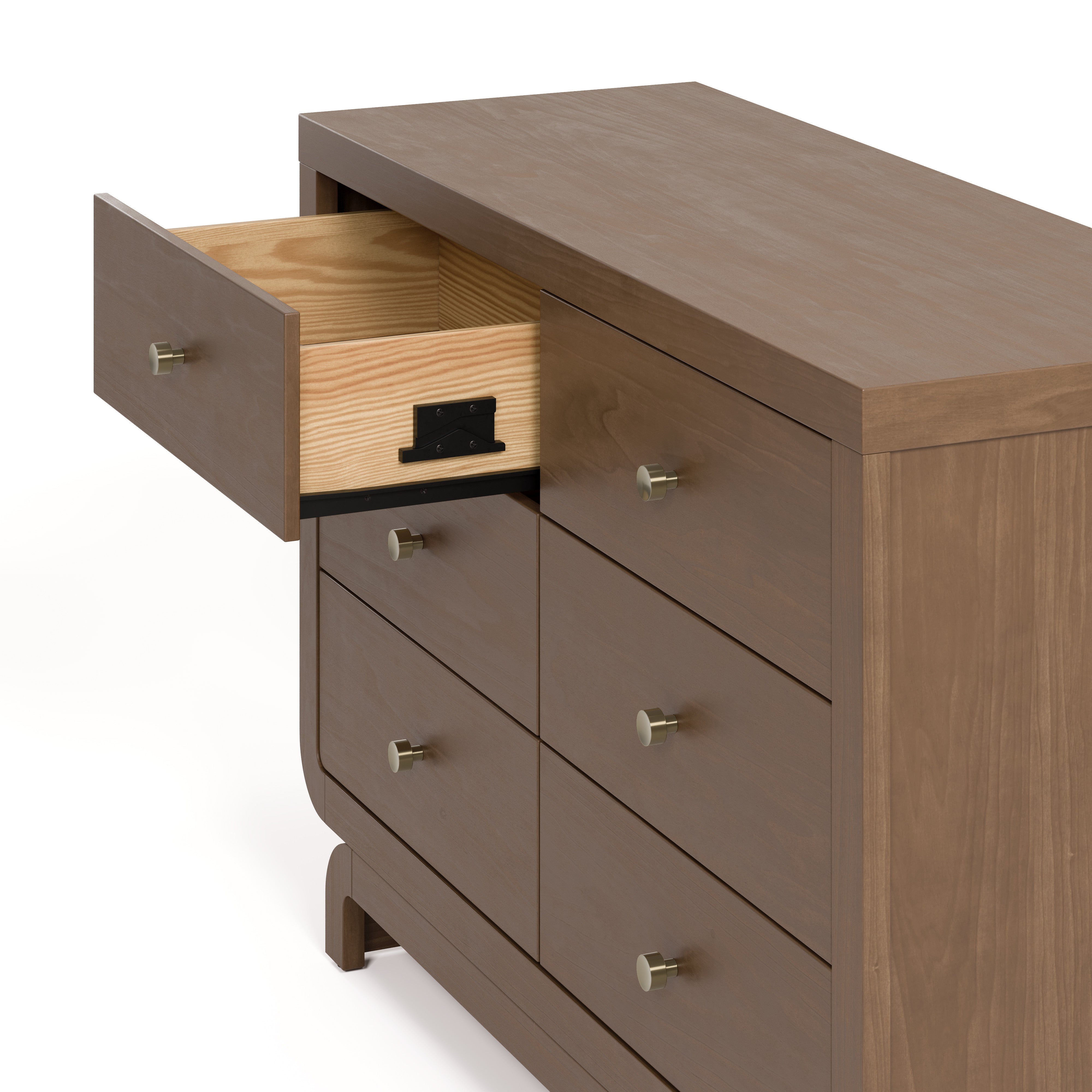 Santorini hazelnut 6 drawer dresser with top left drawer close up view of top left drawer open showing interlocking drawer mechanism