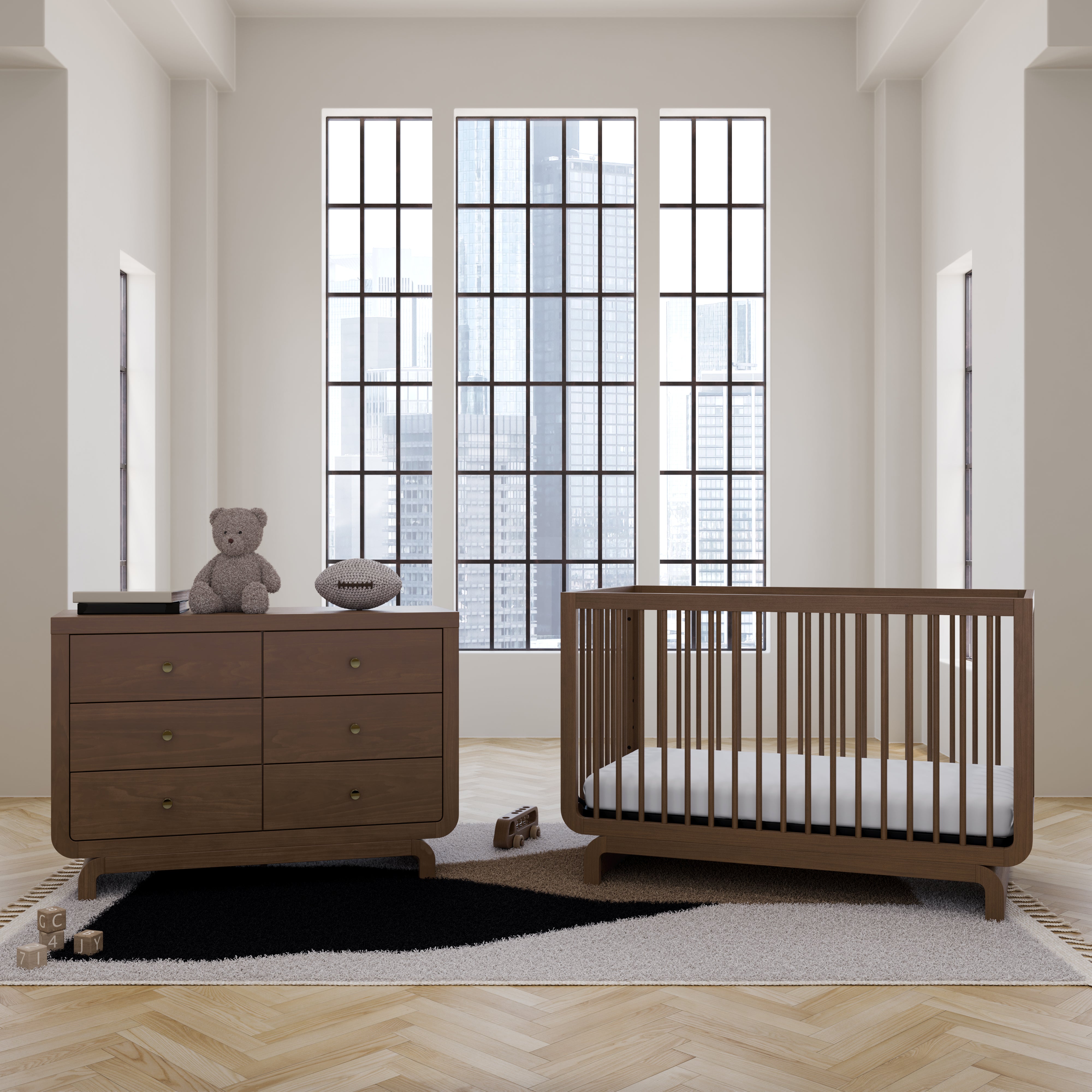 Santorini hazelnut 6 drawer dresser in nursery next to Santorini crib