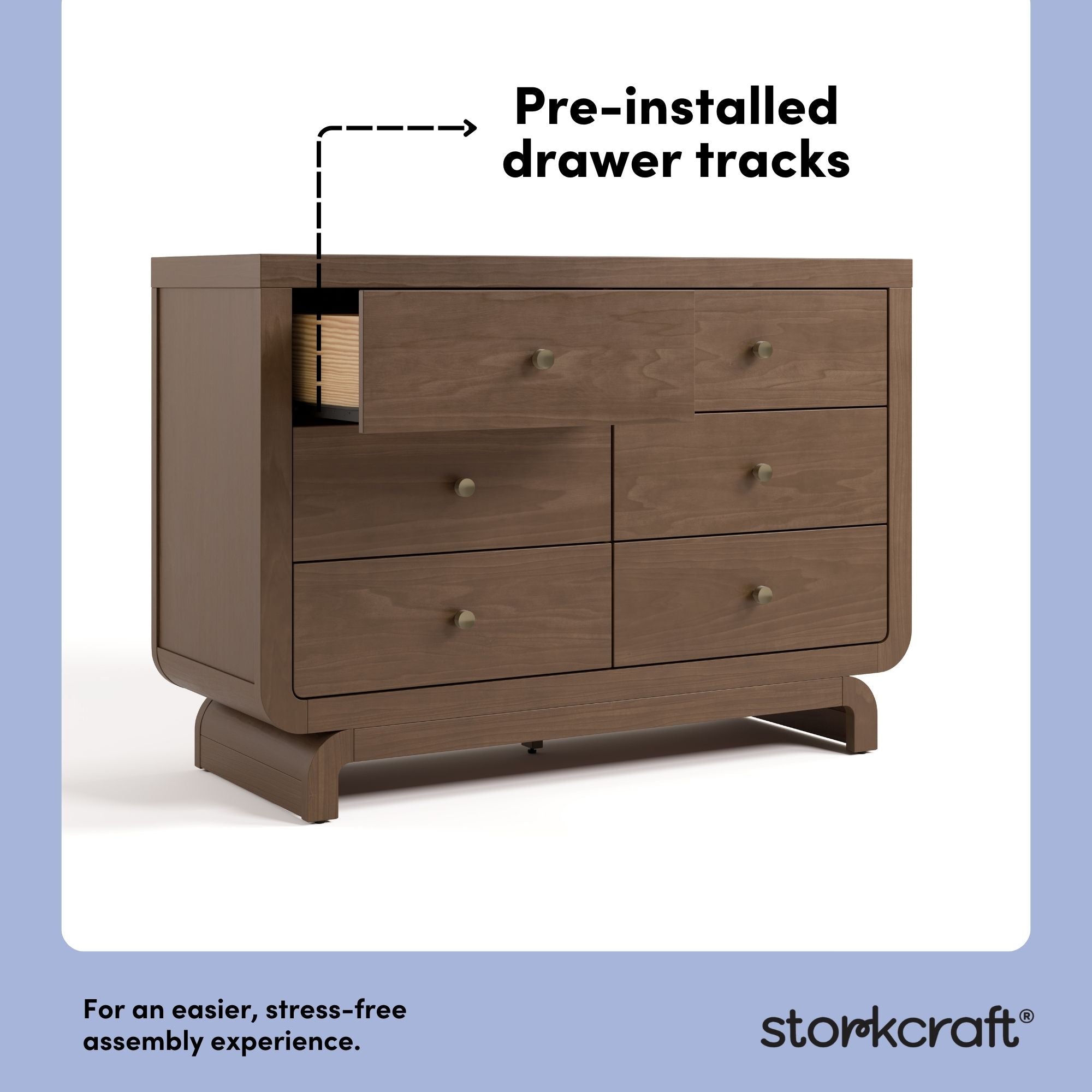 Santorini hazelnut 6 drawer double dresser pre-installed drawer tracks callout
