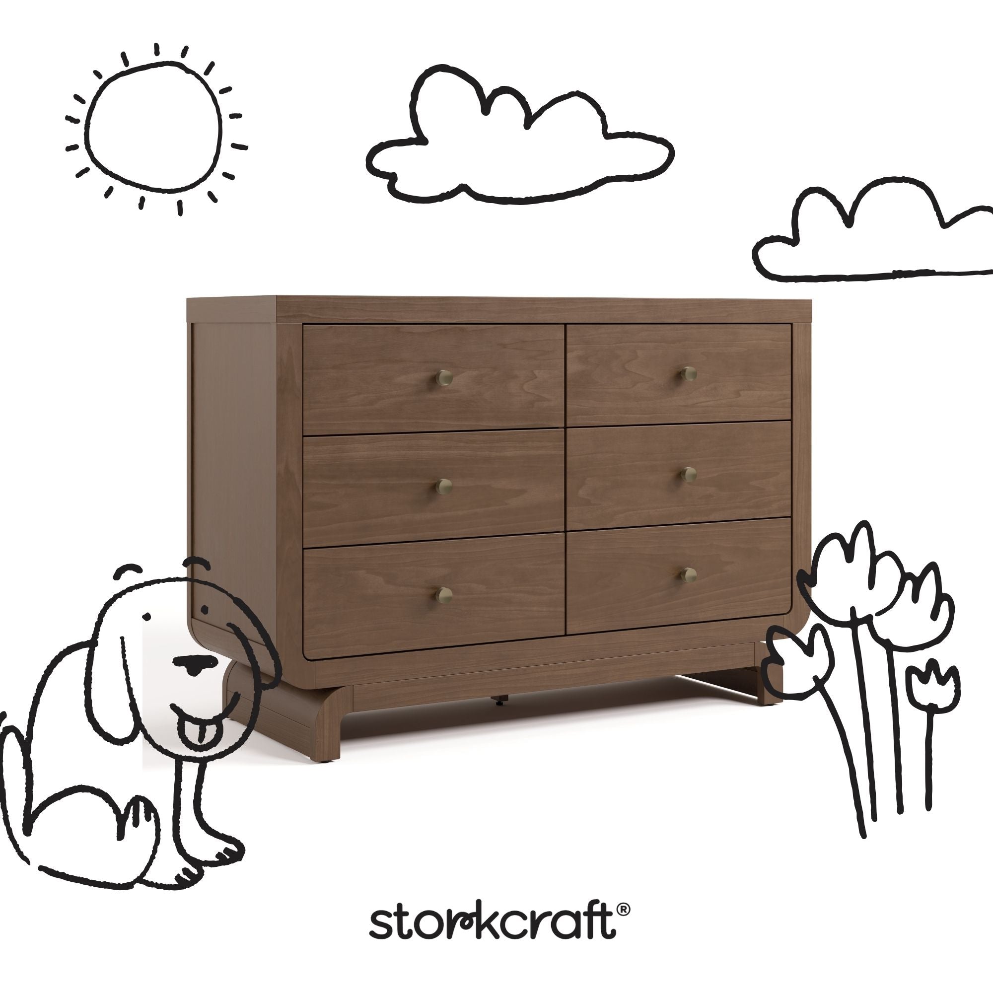 Santorini hazelnut 6 drawer double dresser with black doodles overlaid on image