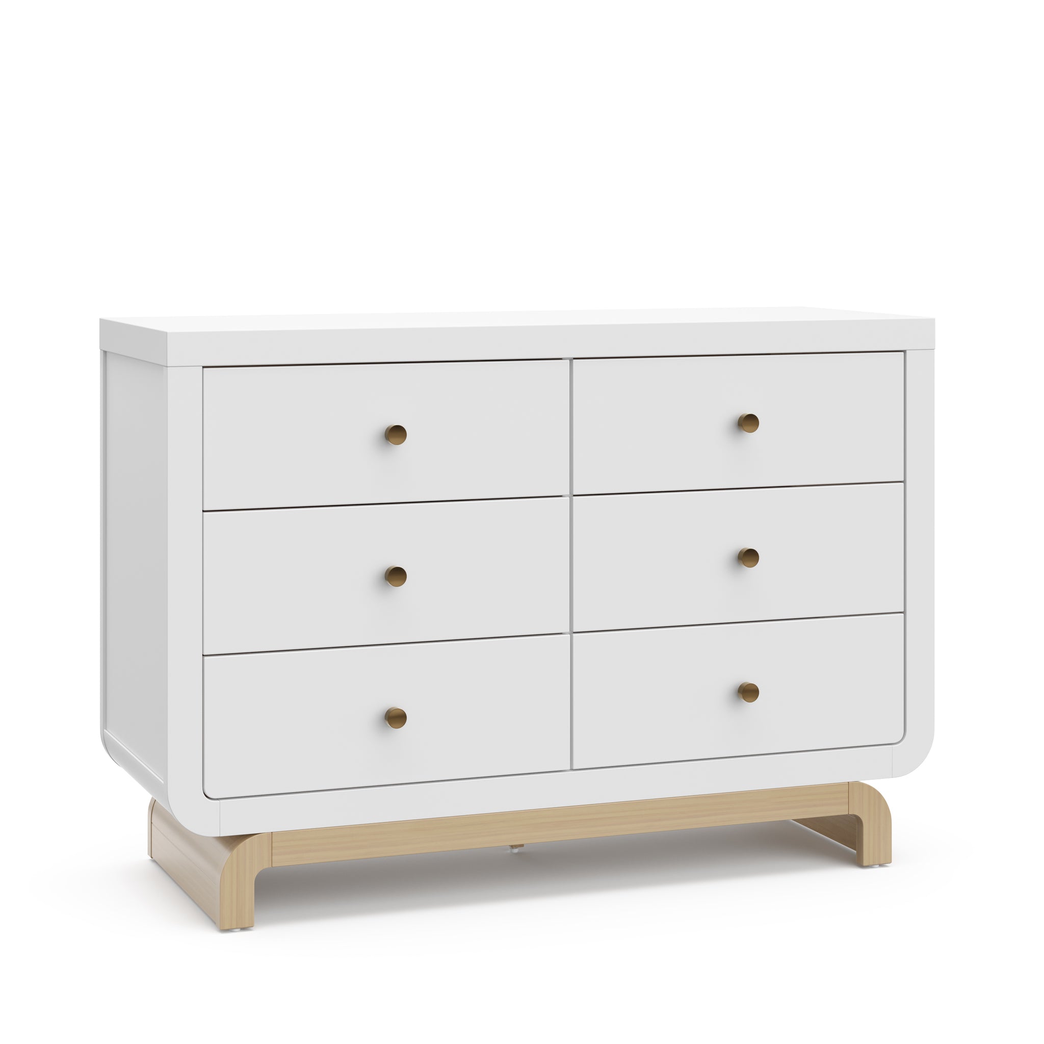 Angled view of white 6 drawer dresser with driftwood base 