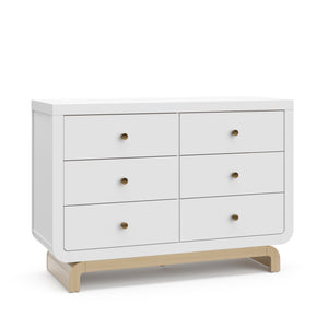 Angled view of white 6 drawer dresser with driftwood base 