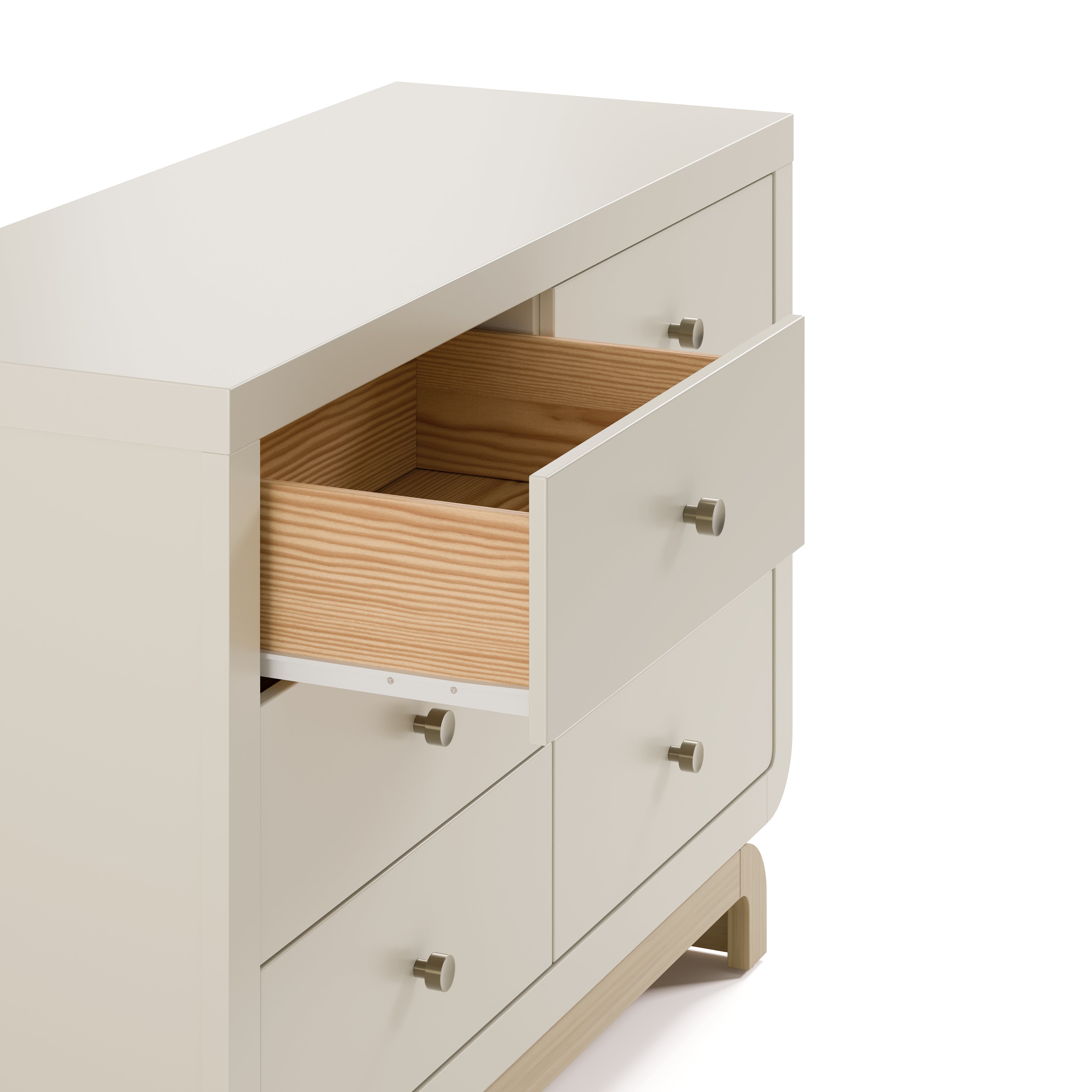 Santorini frosted oat with driftwood 6 drawer dresser with top left drawer close up view of top left drawer open