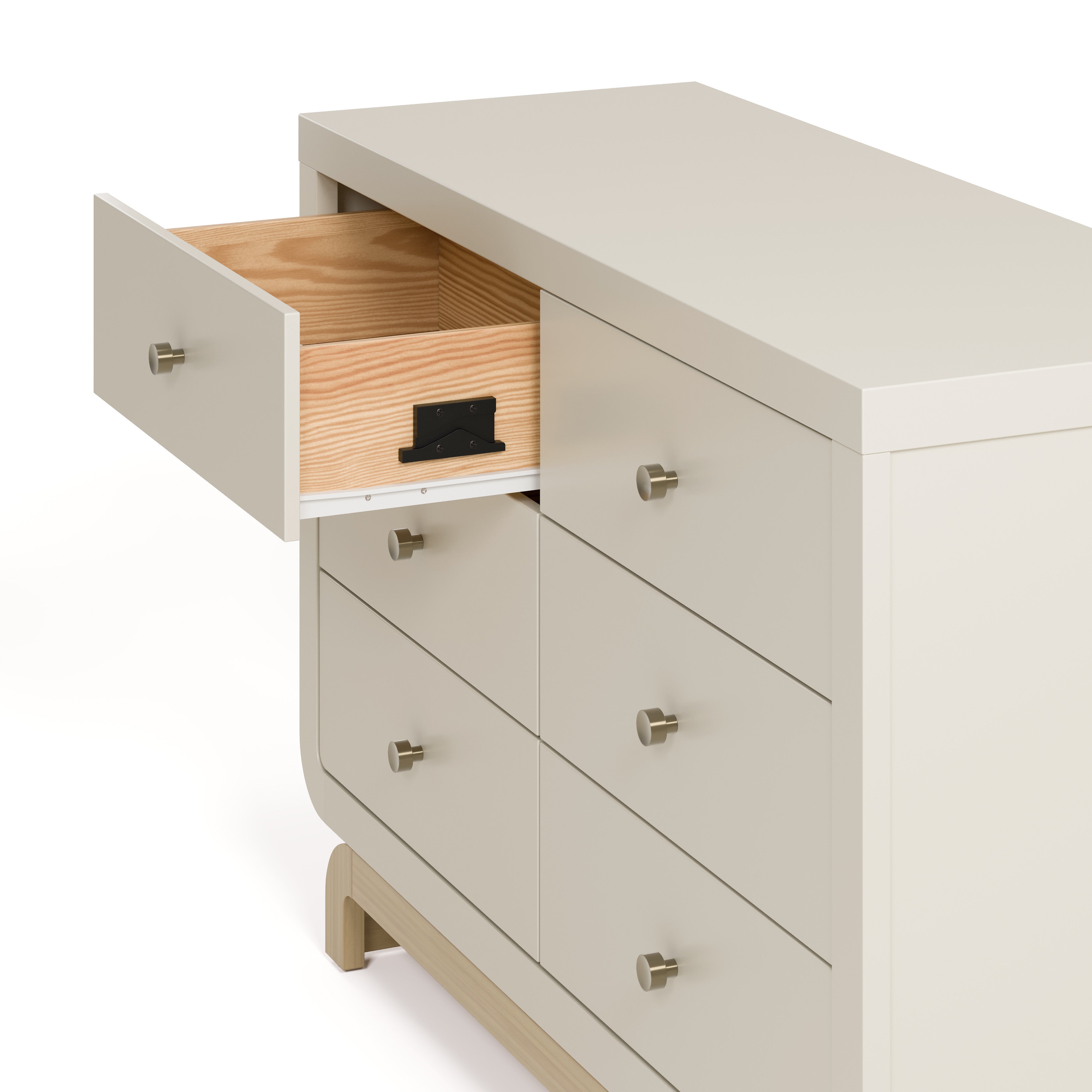 Santorini frosted oat with driftwood 6 drawer dresser with top left drawer close up view of top left drawer open showing interlocking drawer mechanism