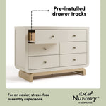 Santorini frosted oat with driftwood 6 drawer dresser pre-installed drawer tracks callout