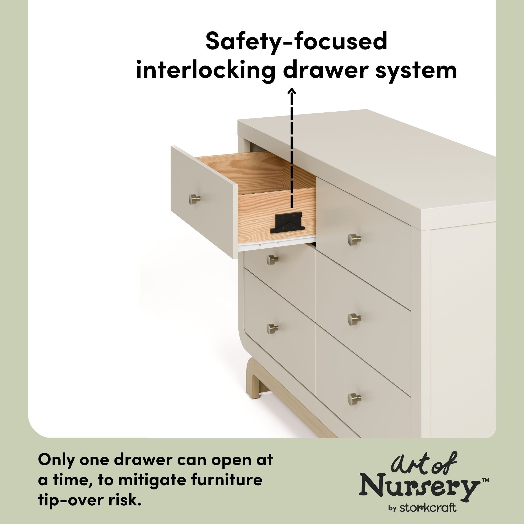 Santorini frosted oat with driftwood 6 drawer dresser interlocking drawers callout