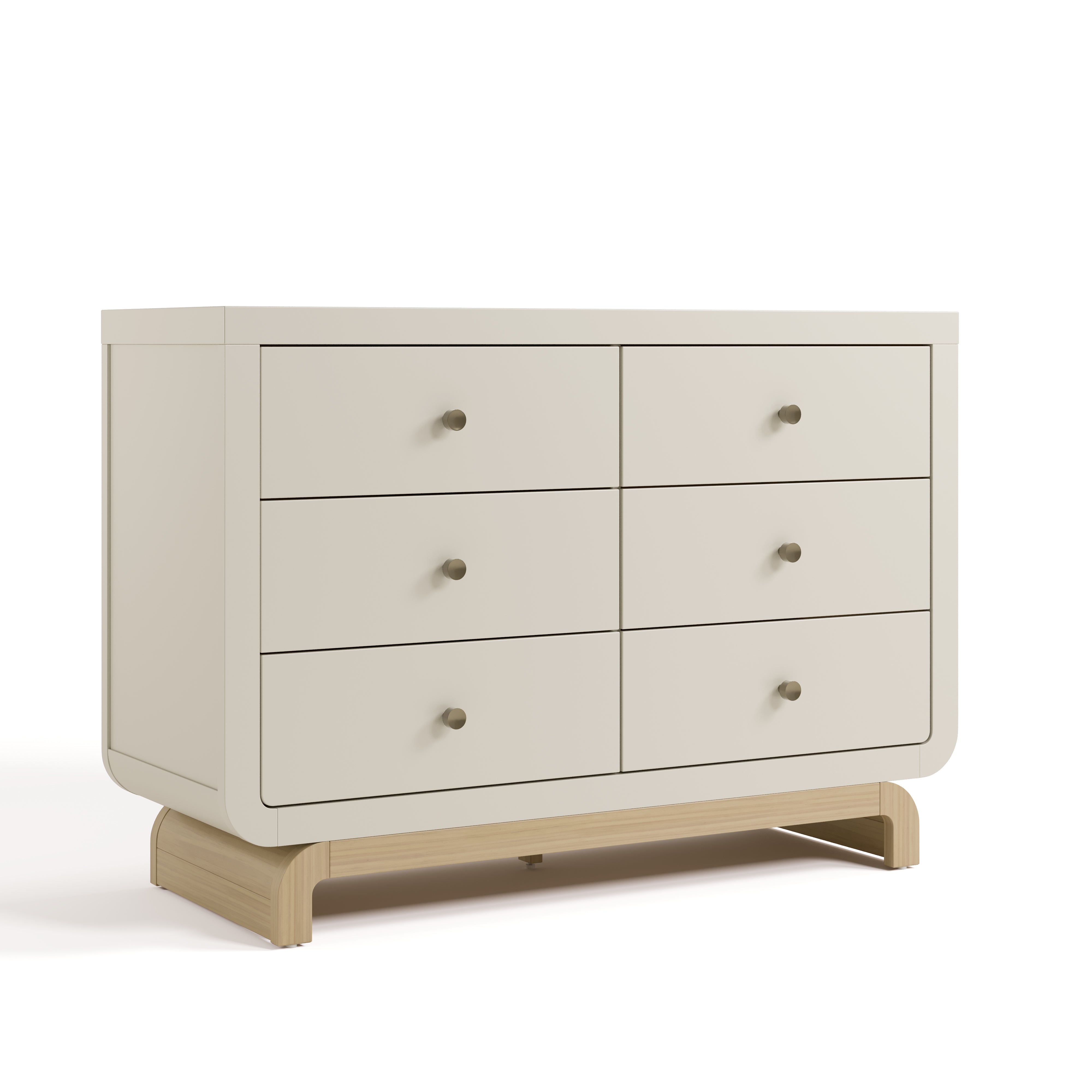 Santorini frosted oat with driftwood 6 drawer dresser angle view