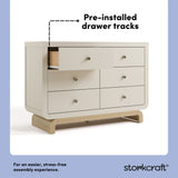 Santorini frosted oat with driftwood 6 drawer double dresser pre-installed drawer tracks callout