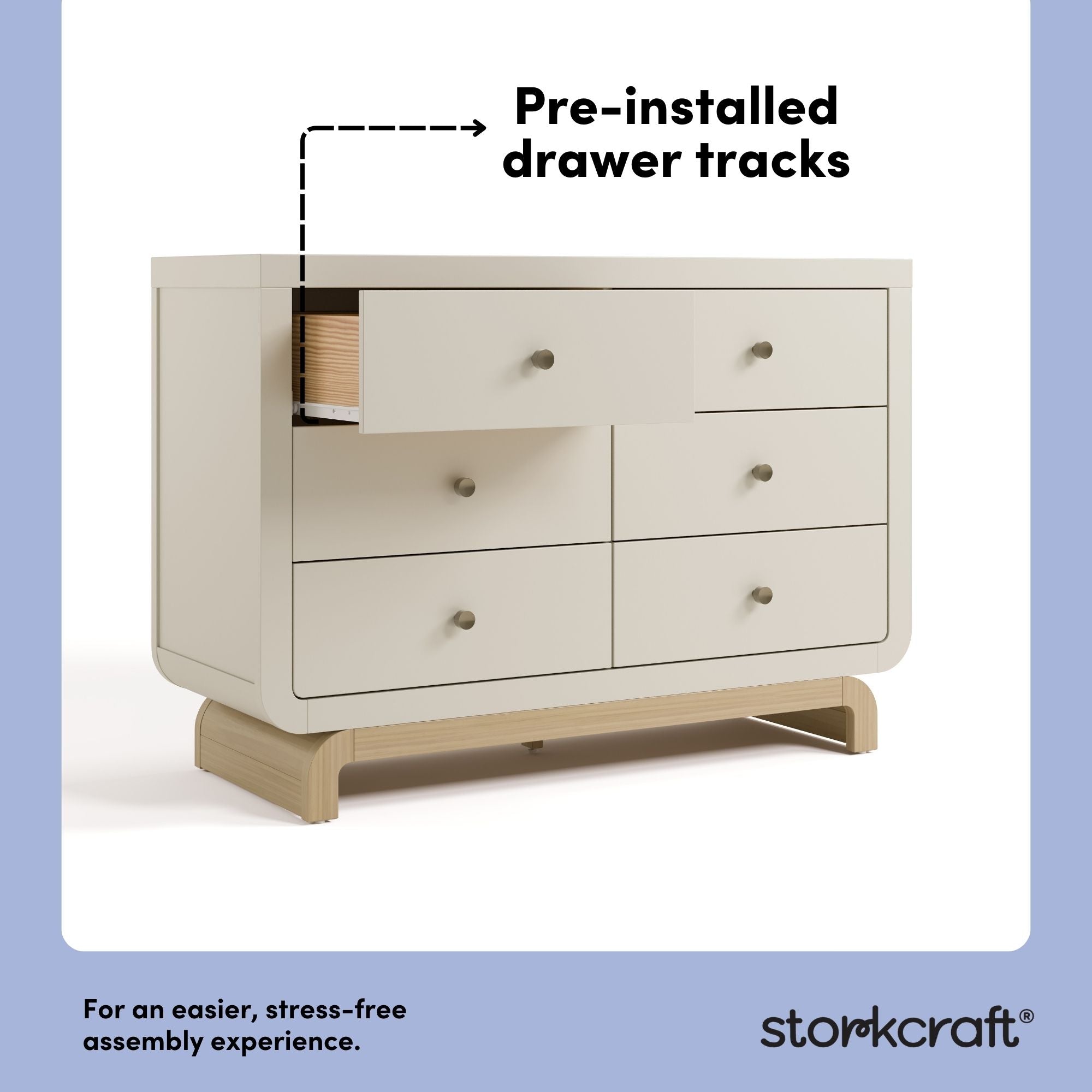 Santorini frosted oat with driftwood 6 drawer double dresser pre-installed drawer tracks callout