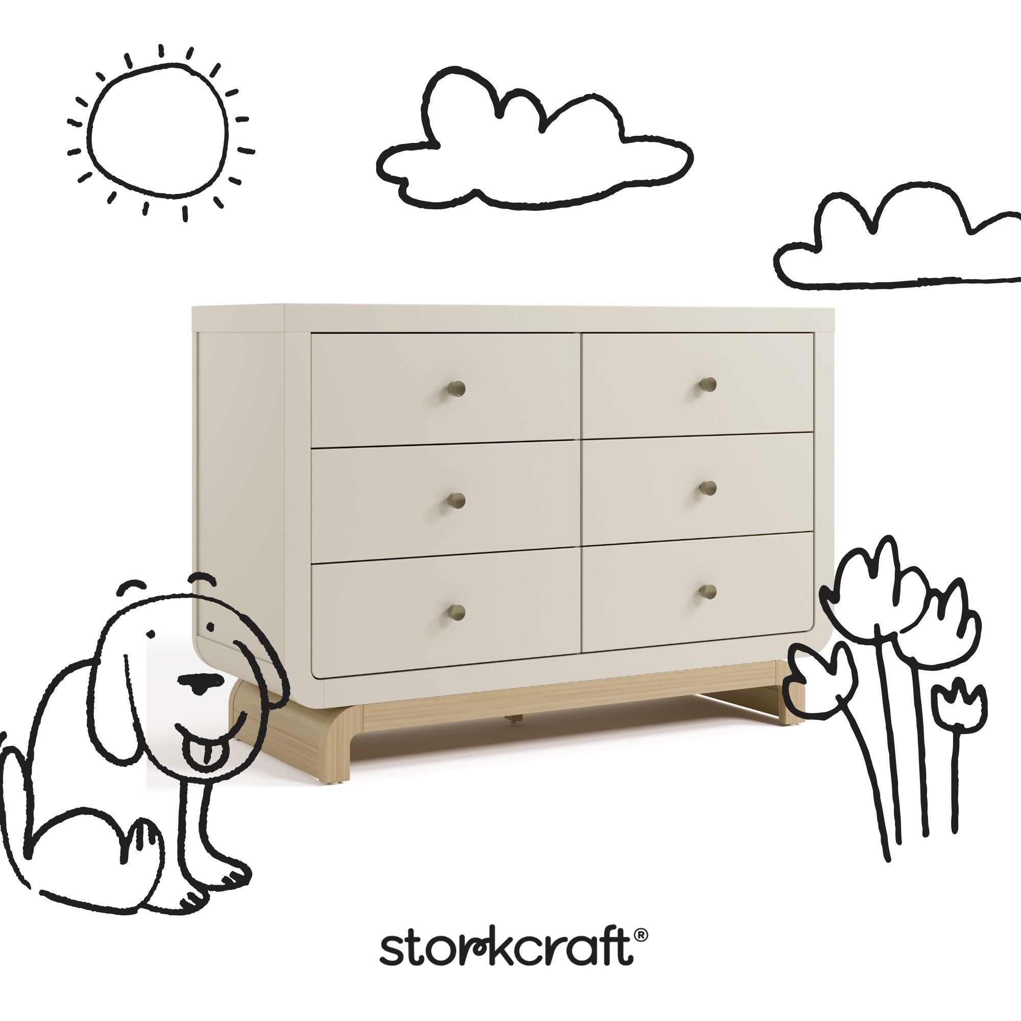 Santorini frosted oat with driftwood 6 drawer double dresser with black doodles overlaid on image