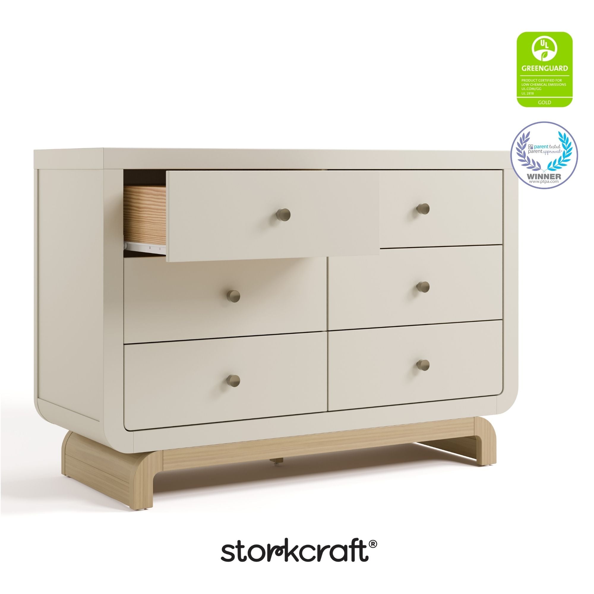 Santorini frosted oat with driftwood 6 drawer double dresser with GGG and PTPA logos on top right