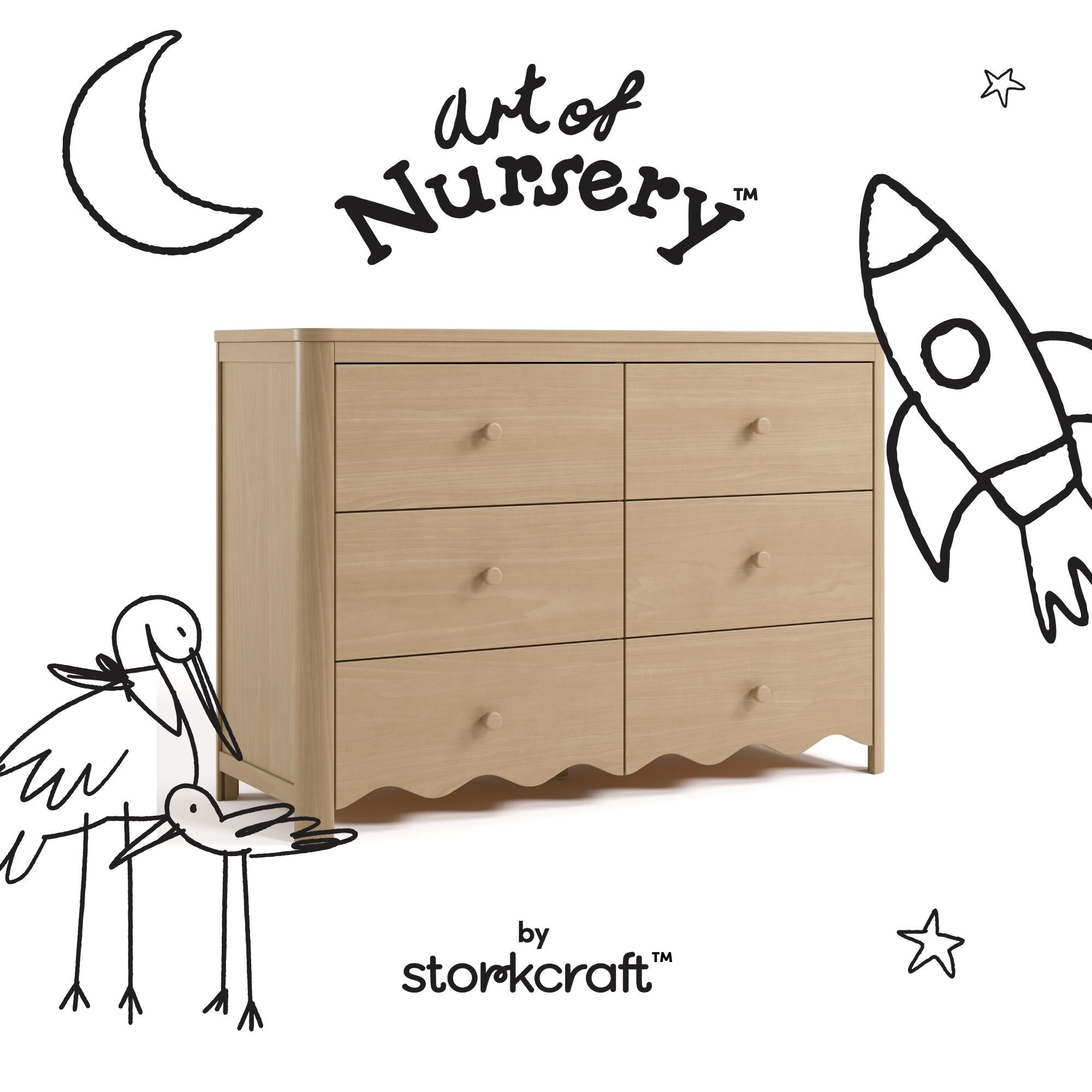 Casablanca driftwood 6 drawer dresser with black doodles overlaid on image