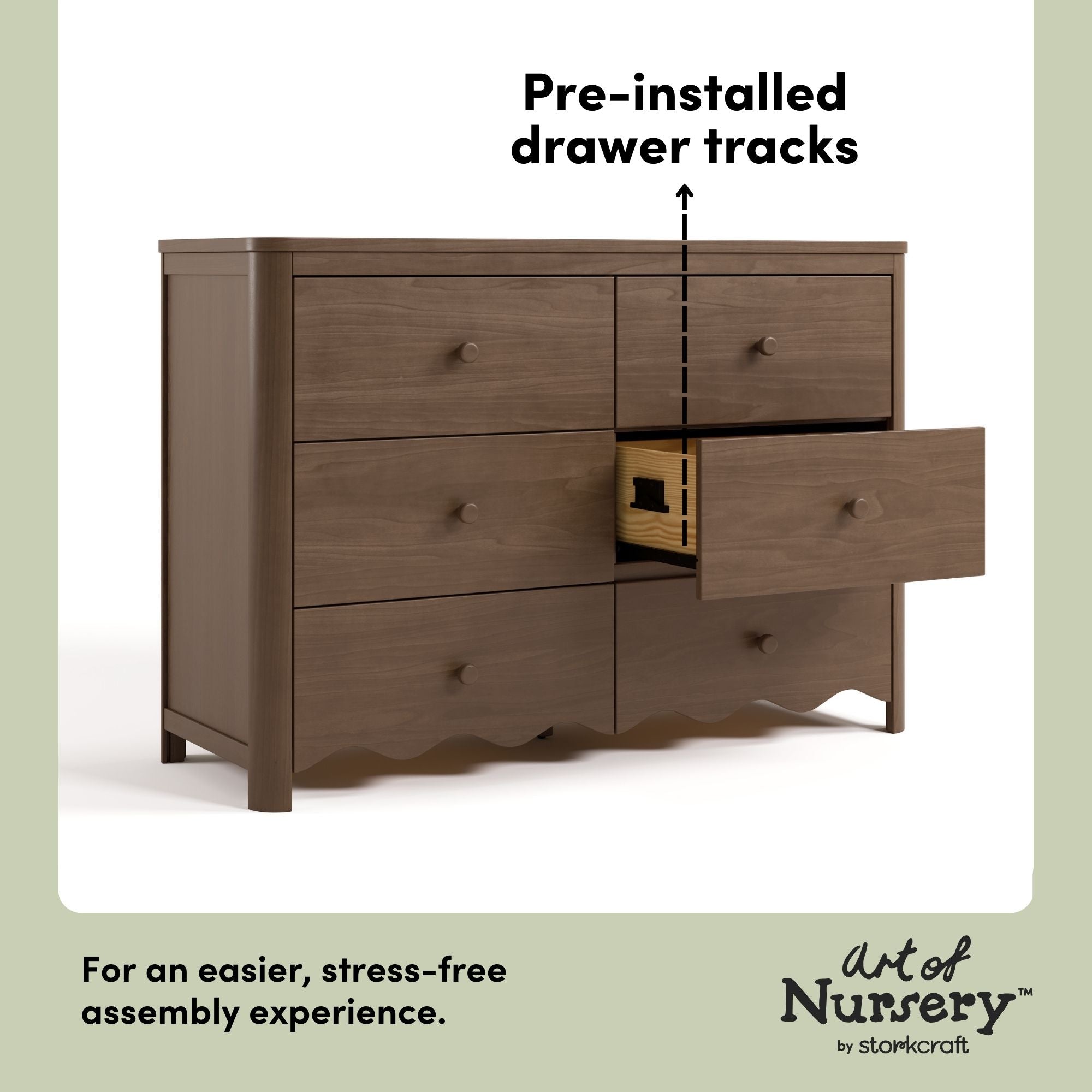 Casablanca hazelnut 6 drawer dresser pre-installed drawer tracks callout