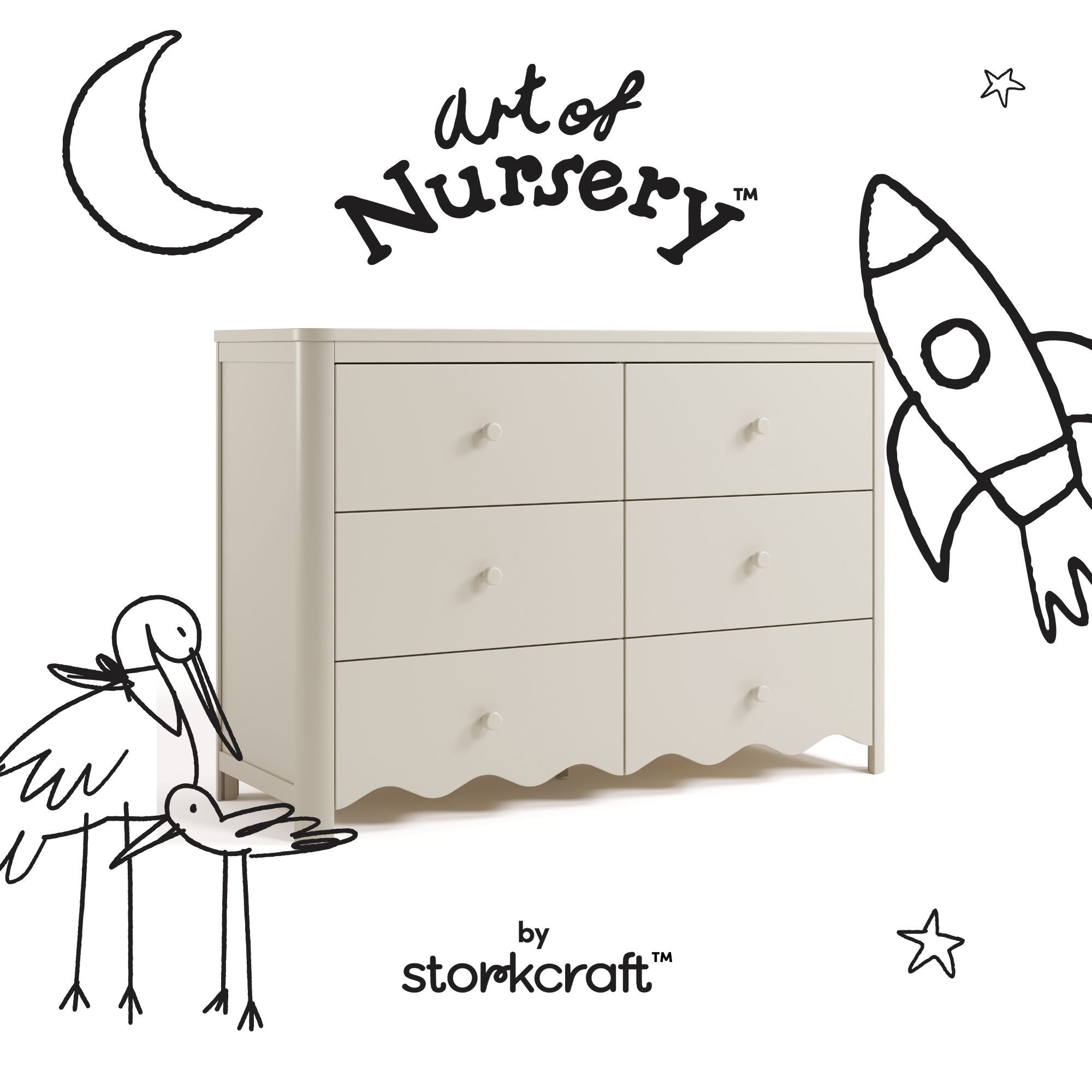 Casablanca frosted oat 6 drawer dresser with black doodles overlaid on image