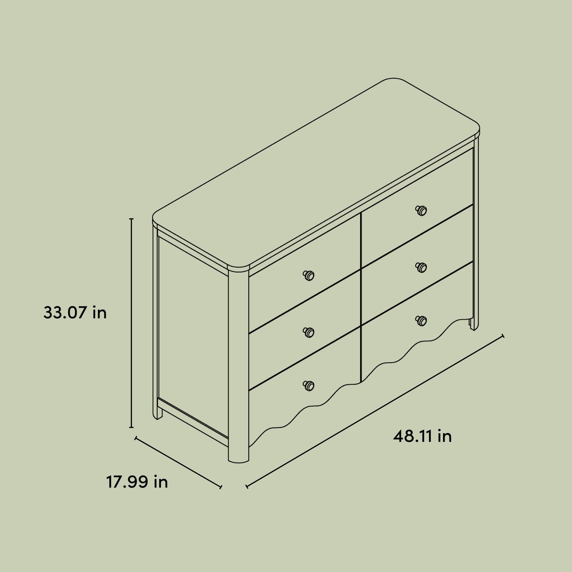 Casablanca 6 drawer dresser line drawing with dimensions