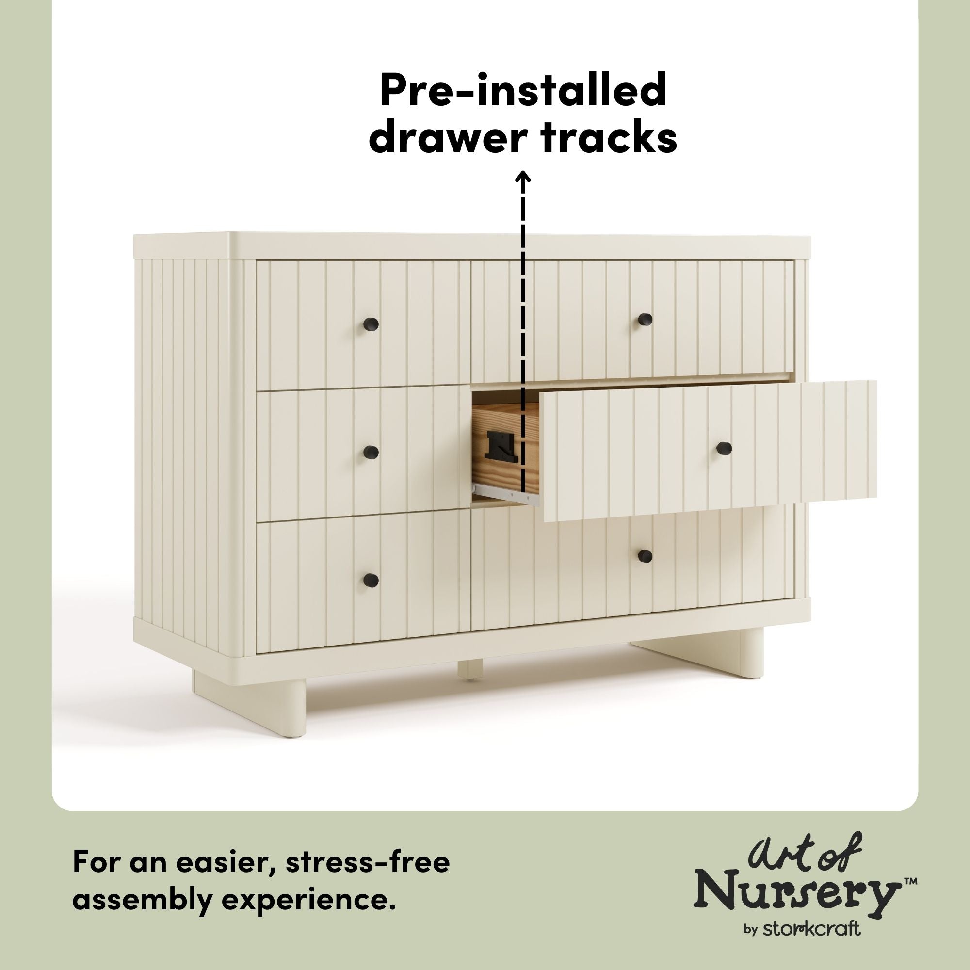 Kyoto frosted oat 6 drawer dresser pre-installed drawer tracks callout