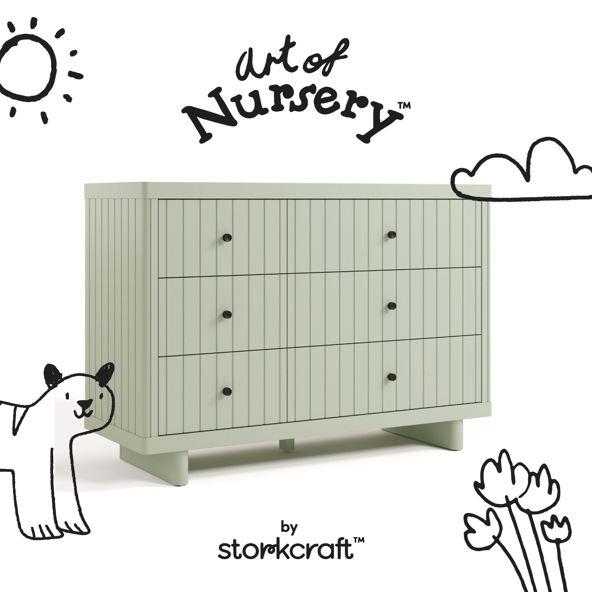 Kyoto sage 6 drawer dresser with black doodles overlaid on image