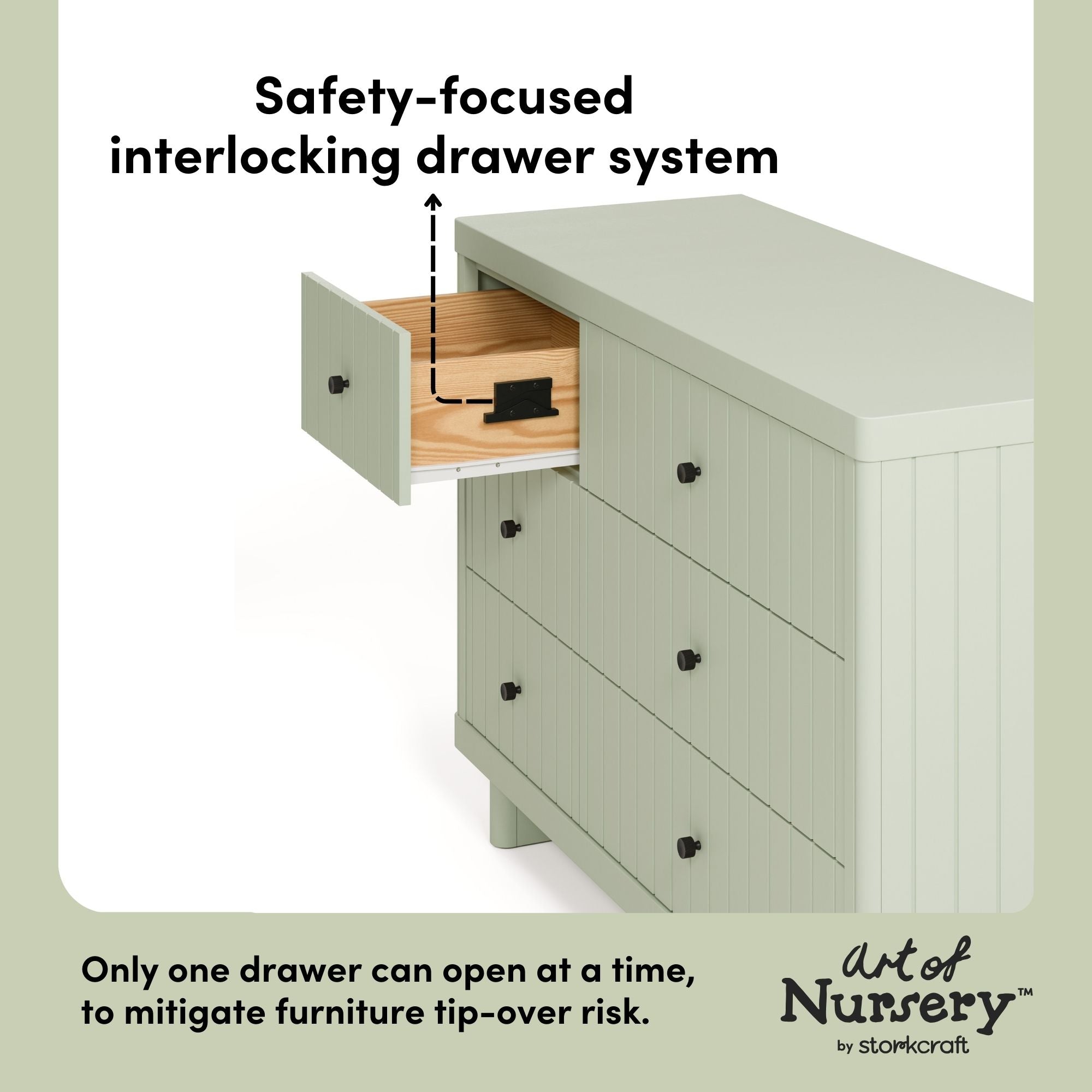 Kyoto sage 6 drawer dresser interlocking drawers callout