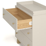 Texas frosted oat with driftwood 3 drawer chest with changing topper and top drawer open