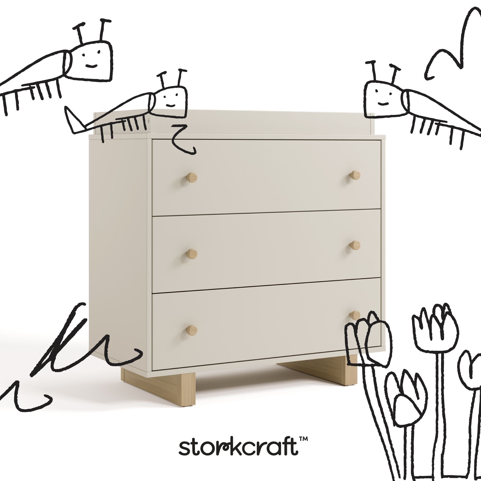 Texas frosted oat with driftwood 3 drawer chest with changing topper with black doodles overlaid on image