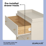 Texas frosted oat with driftwood 3 drawer chest with changing topper pre-installed drawer tracks callout
