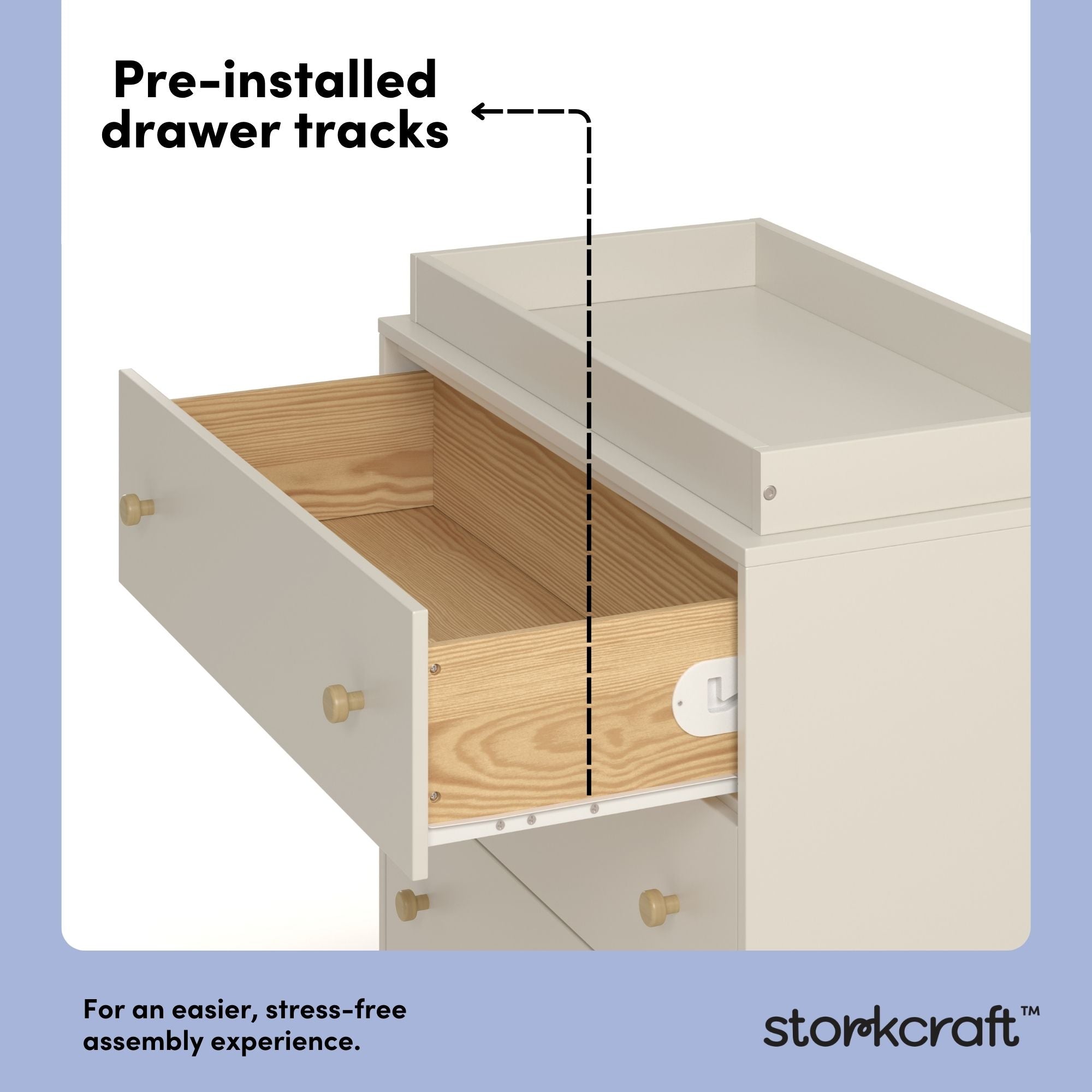 Texas frosted oat with driftwood 3 drawer chest with changing topper pre-installed drawer tracks callout