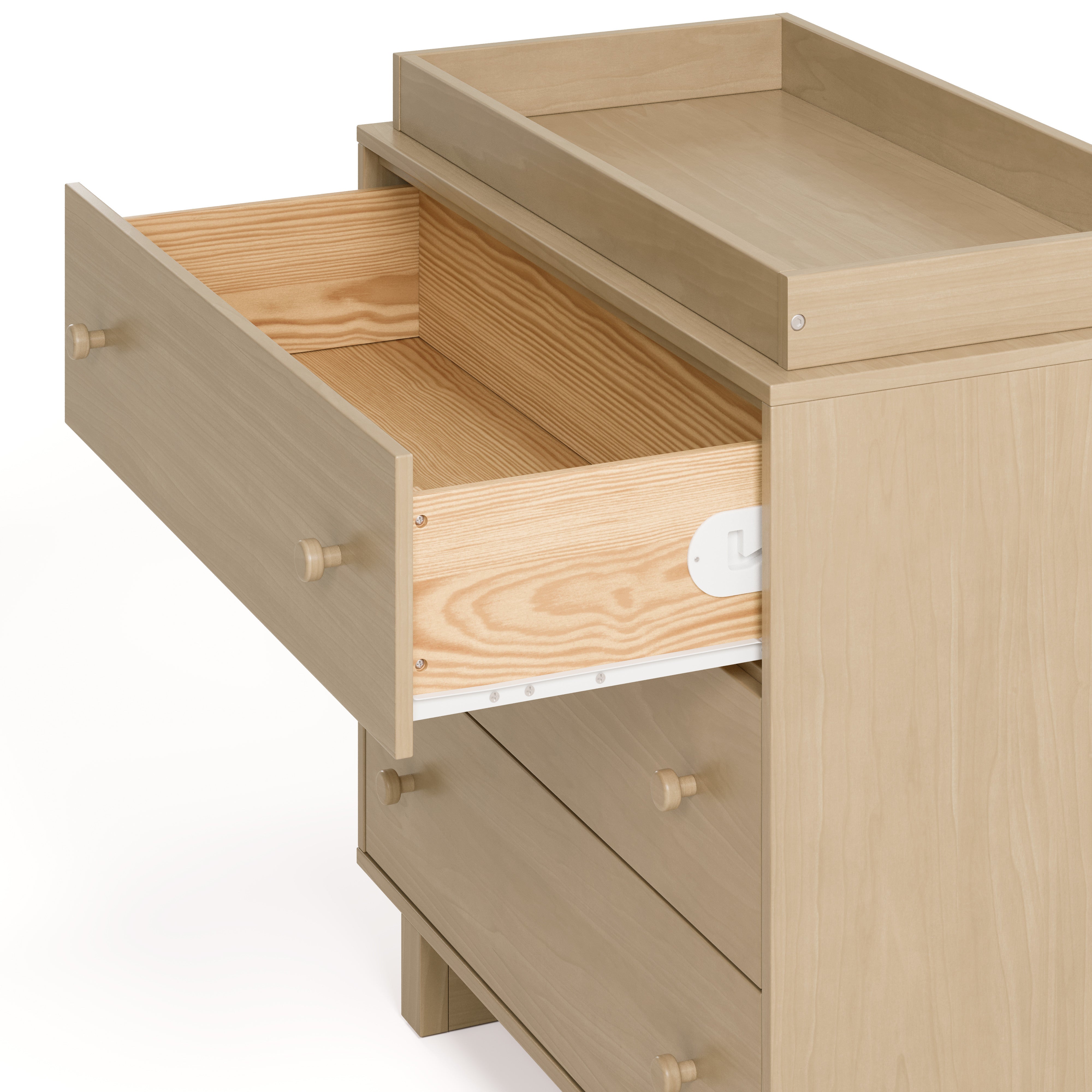 Texas driftwood 3 drawer chest with changing topper and top drawer open