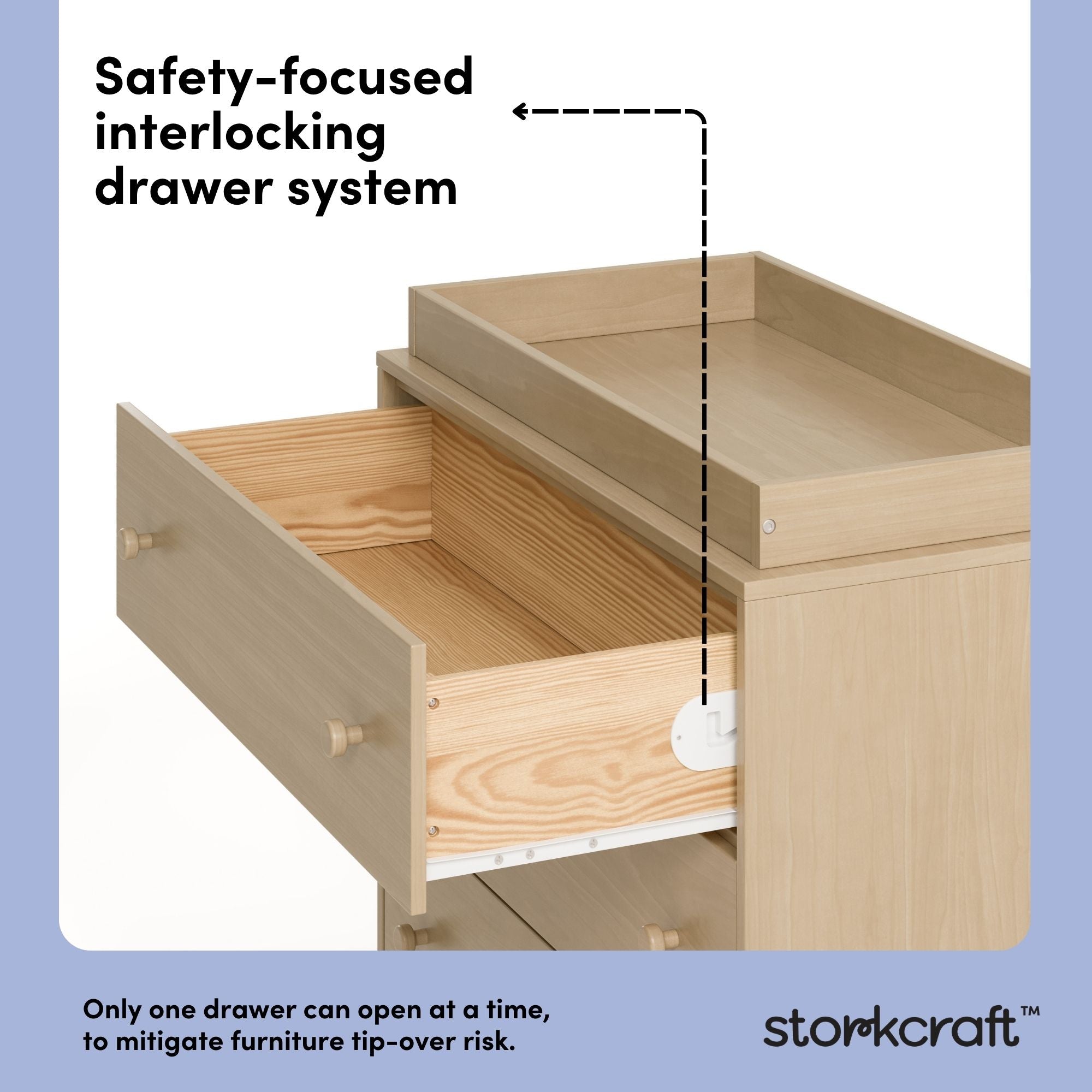 Texas driftwood 3 drawer chest with changing topper interlocking drawers callout