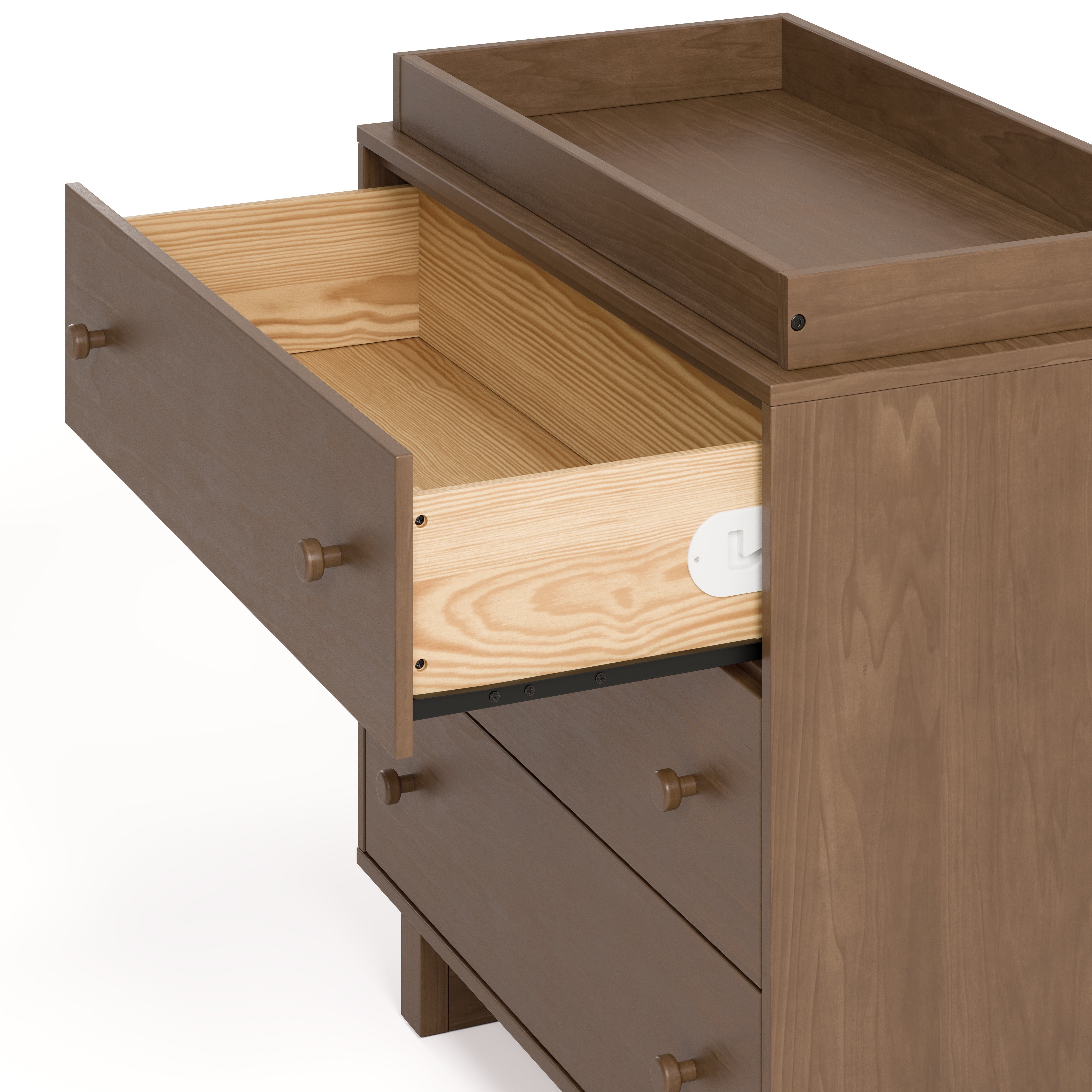 Texas hazelnut 3 drawer chest with changing topper and top drawer open