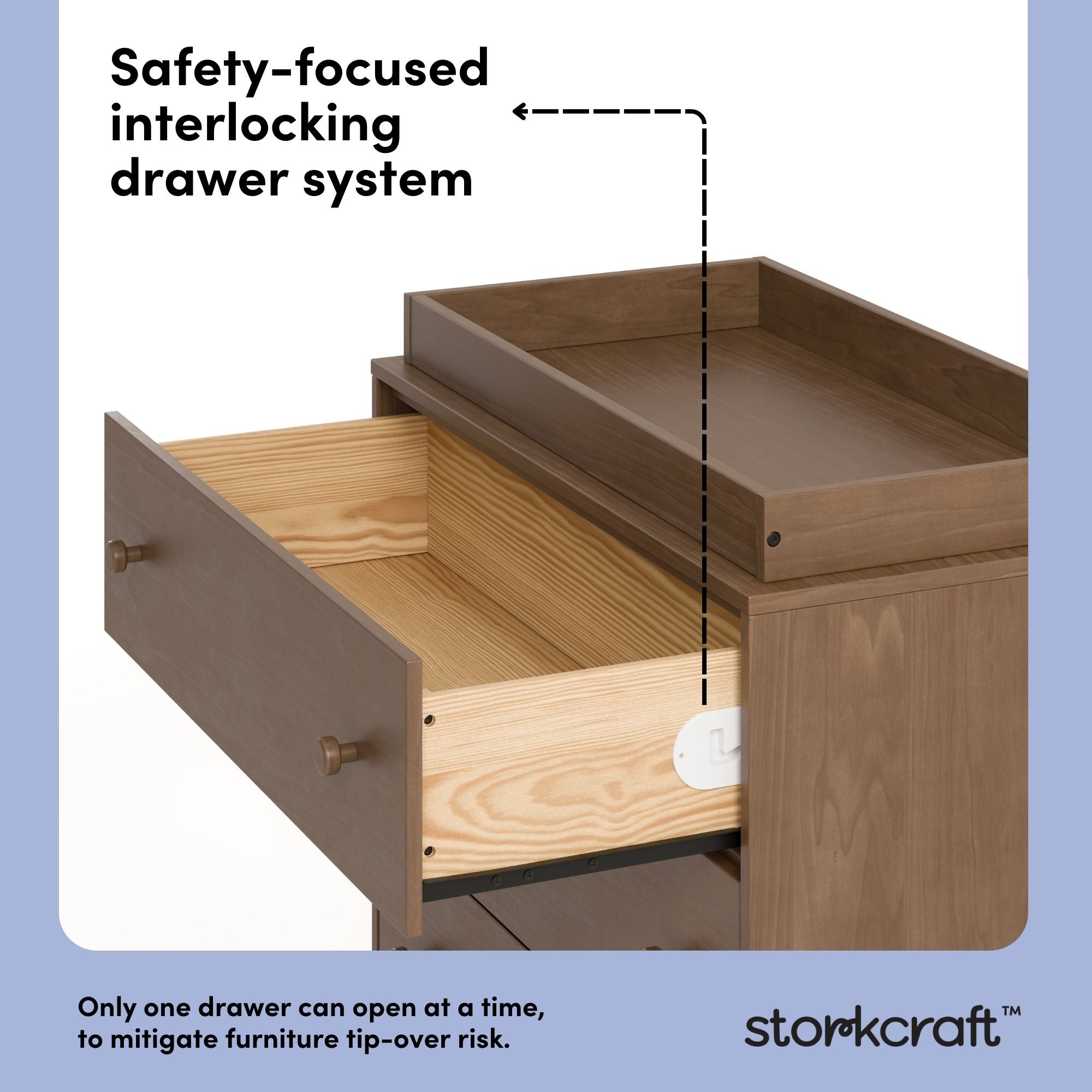 Texas hazelnut 3 drawer chest with changing topper interlocking drawers callout