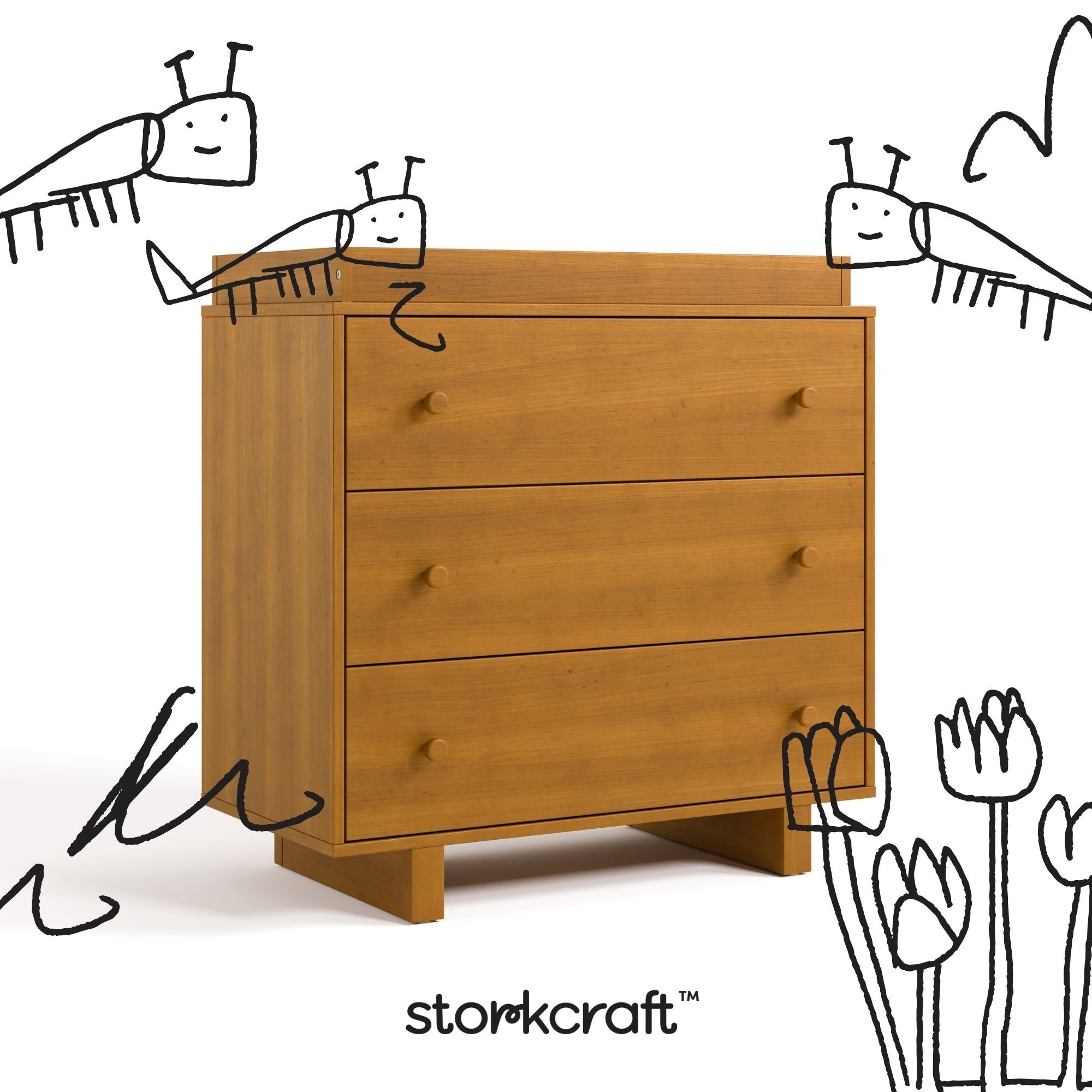 Texas almond 3 drawer chest with changing topper with black doodles overlaid on image