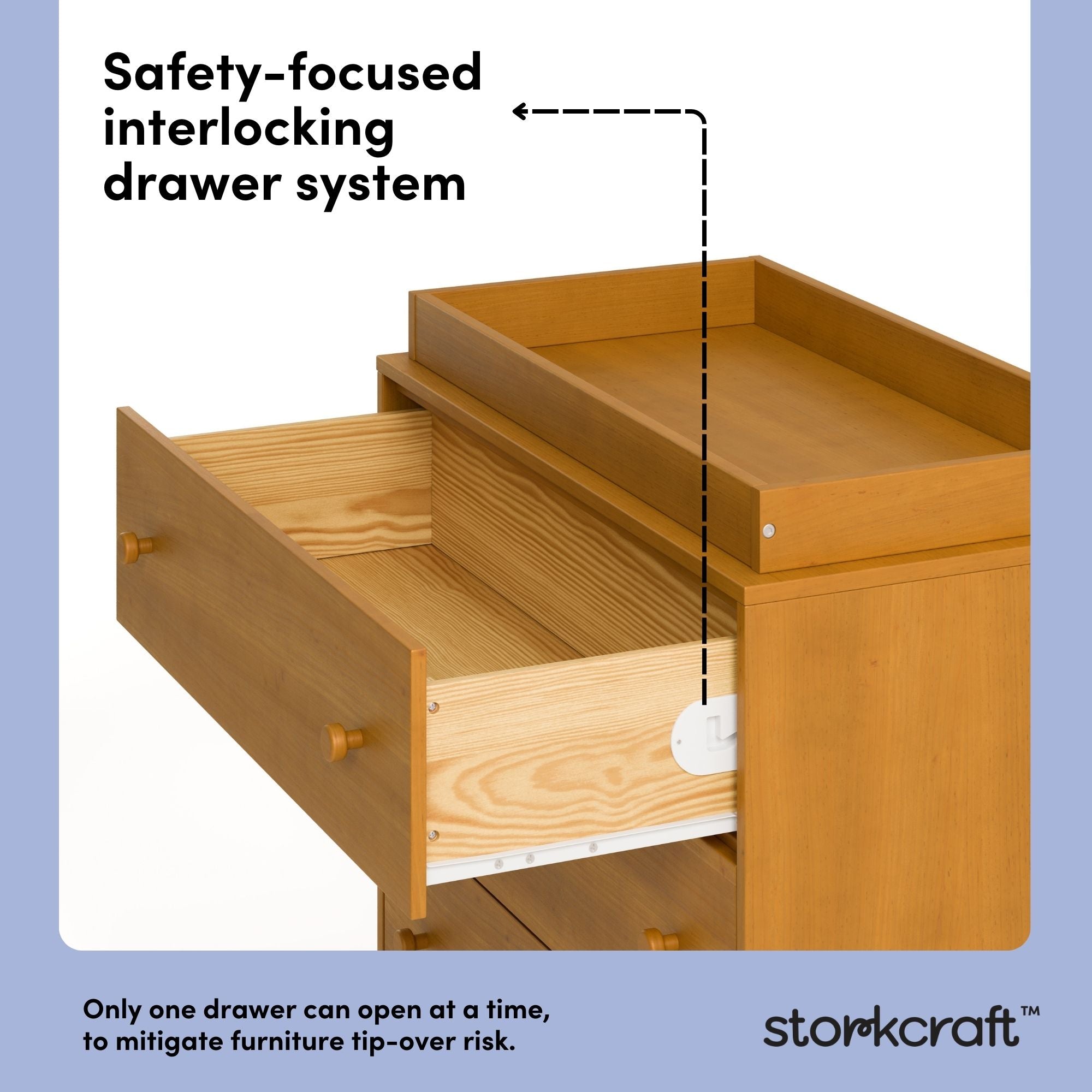 Texas almond 3 drawer chest with changing topper interlocking drawers callout