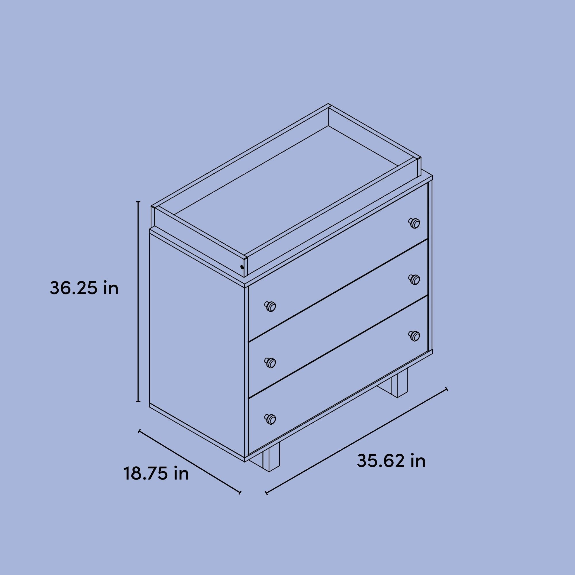 Texas 3 drawer chest with changing topper drawing with dimensions