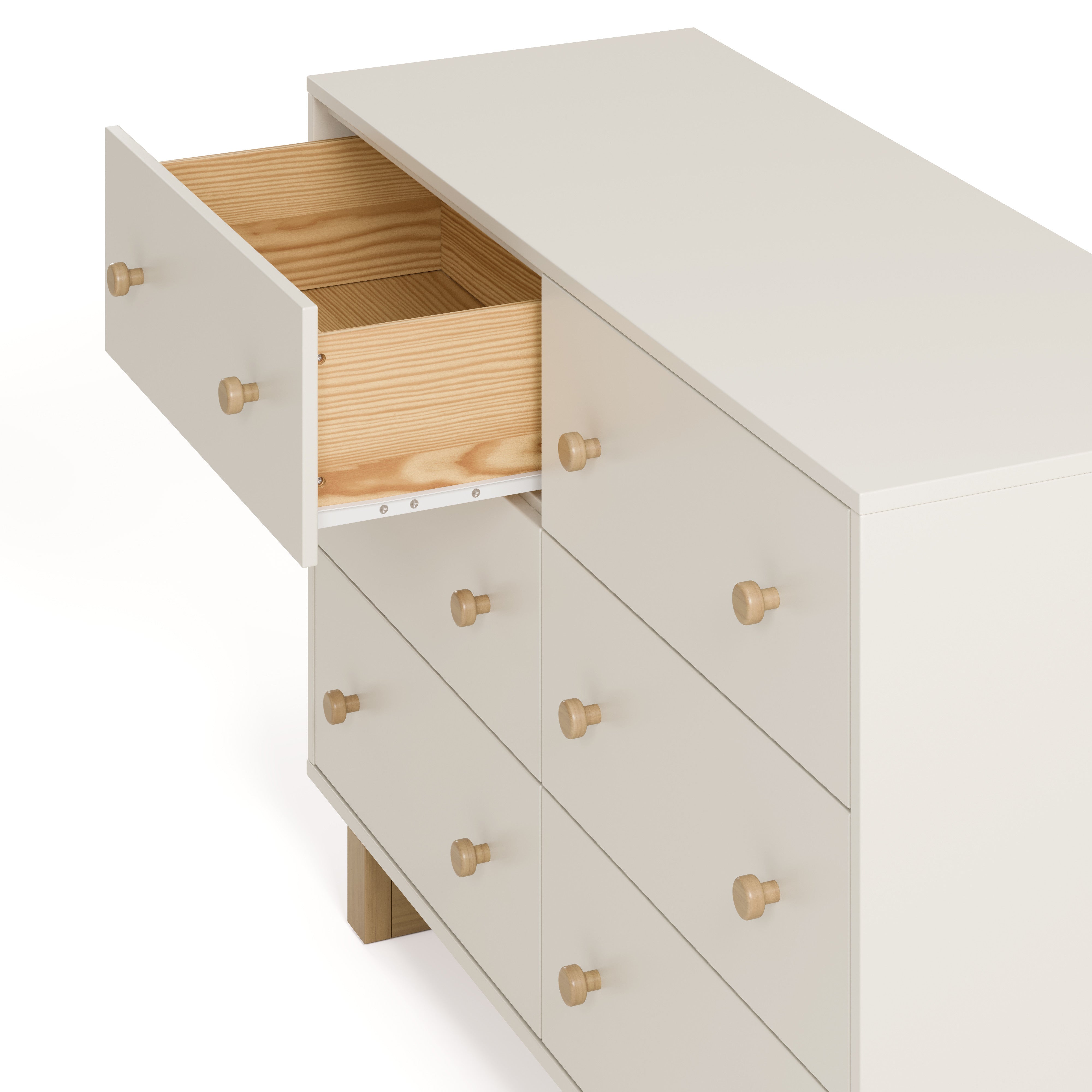 Texas frosted oat with driftwood 6 drawer dresser with top left drawer open