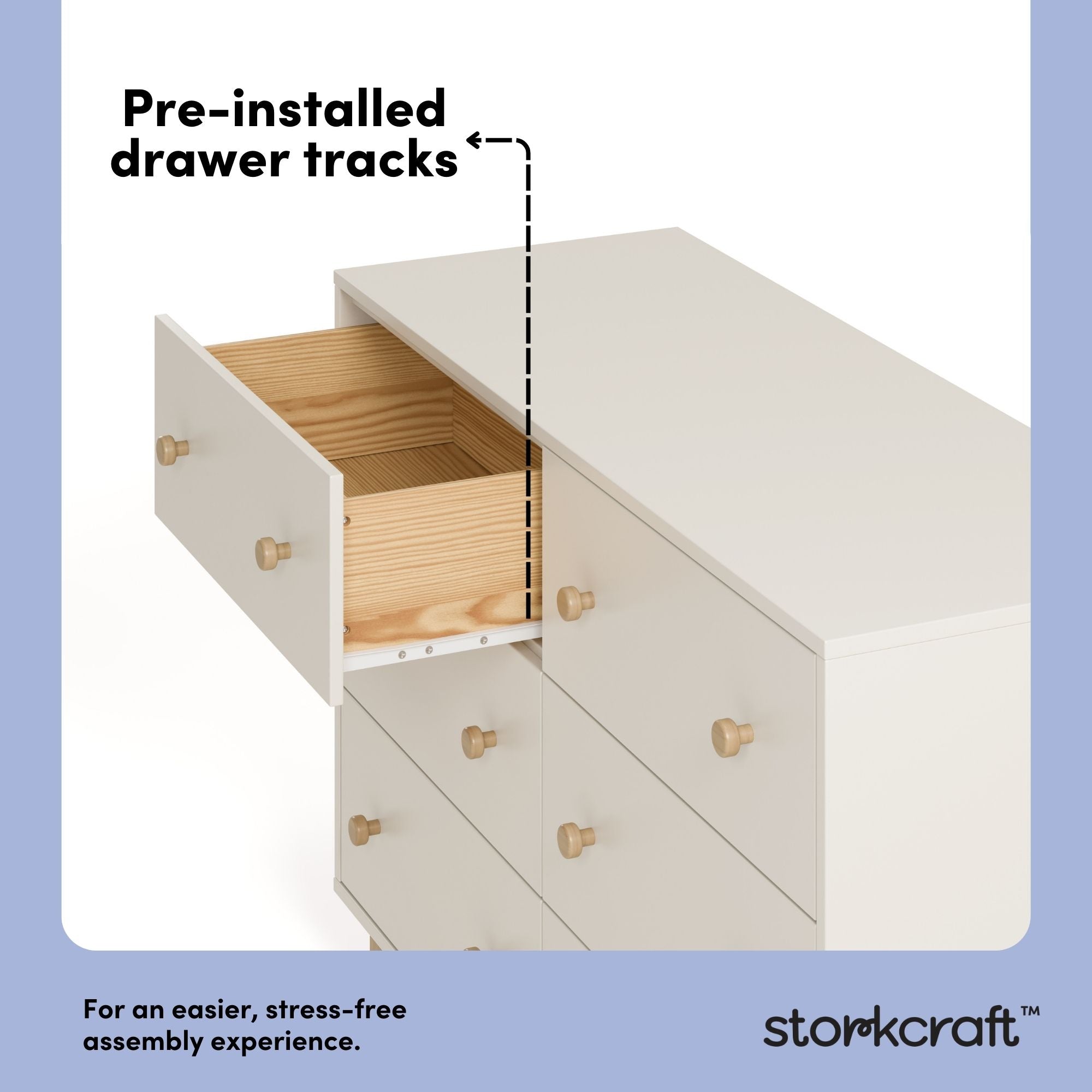 Texas frosted oat with driftwood 6 drawer dresser pre-installed drawer tracks callout