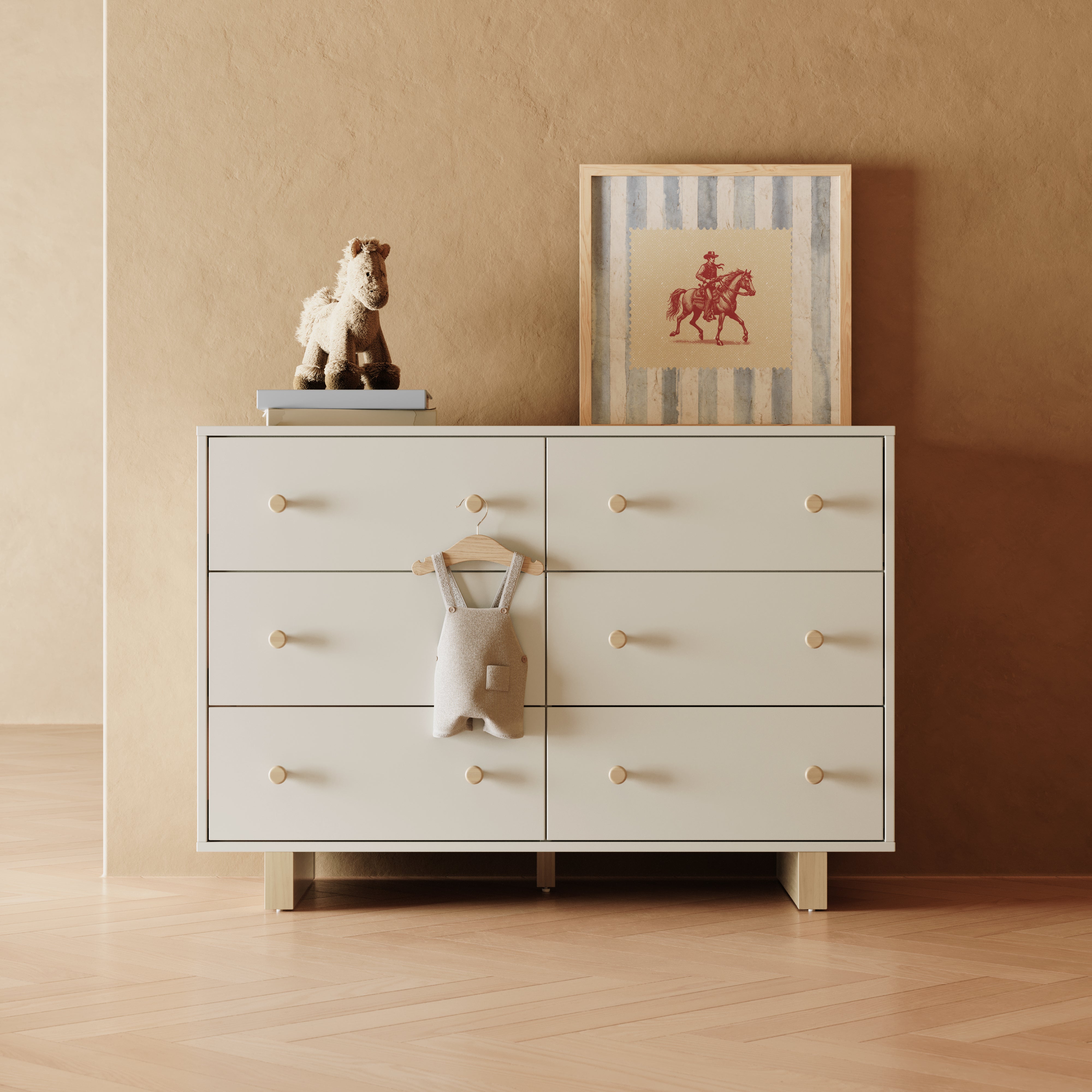 Texas frosted oat with driftwood 6 drawer dresser in a nursery