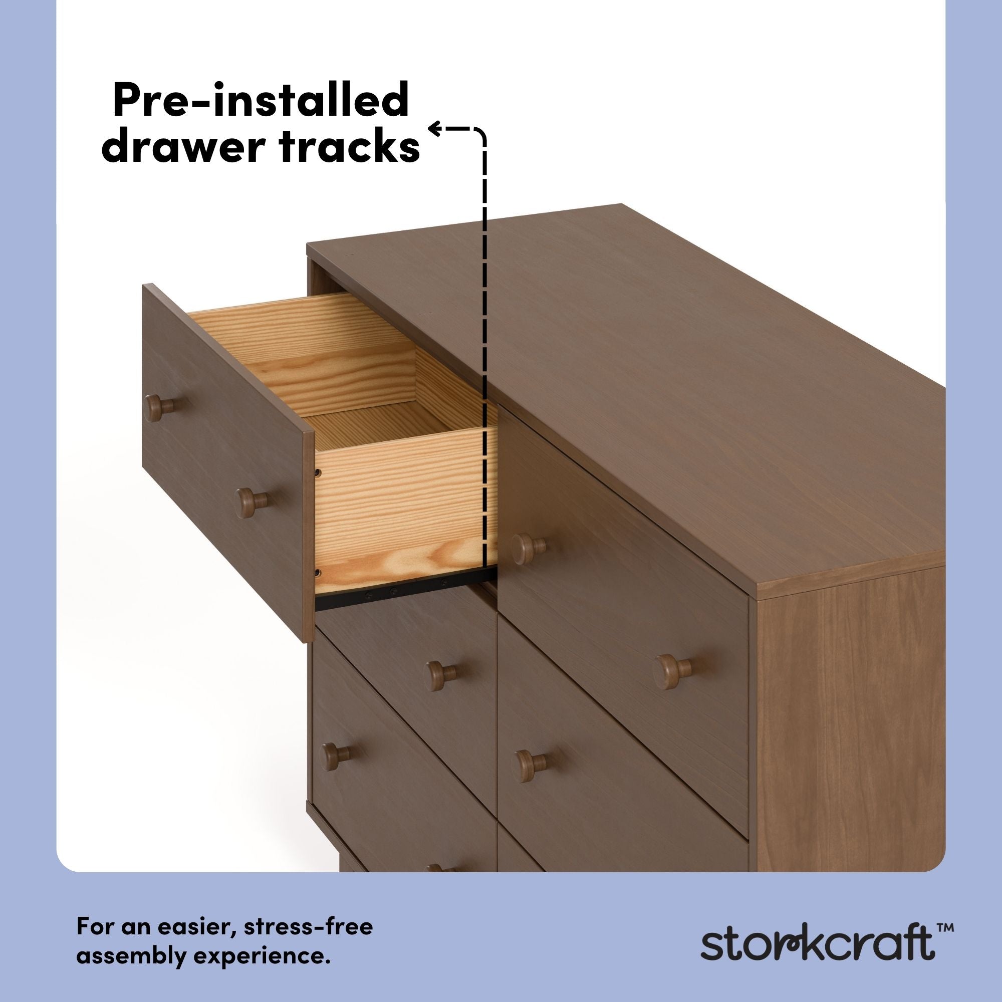 Texas hazelnut 6 drawer dresser pre-installed drawer tracks callout