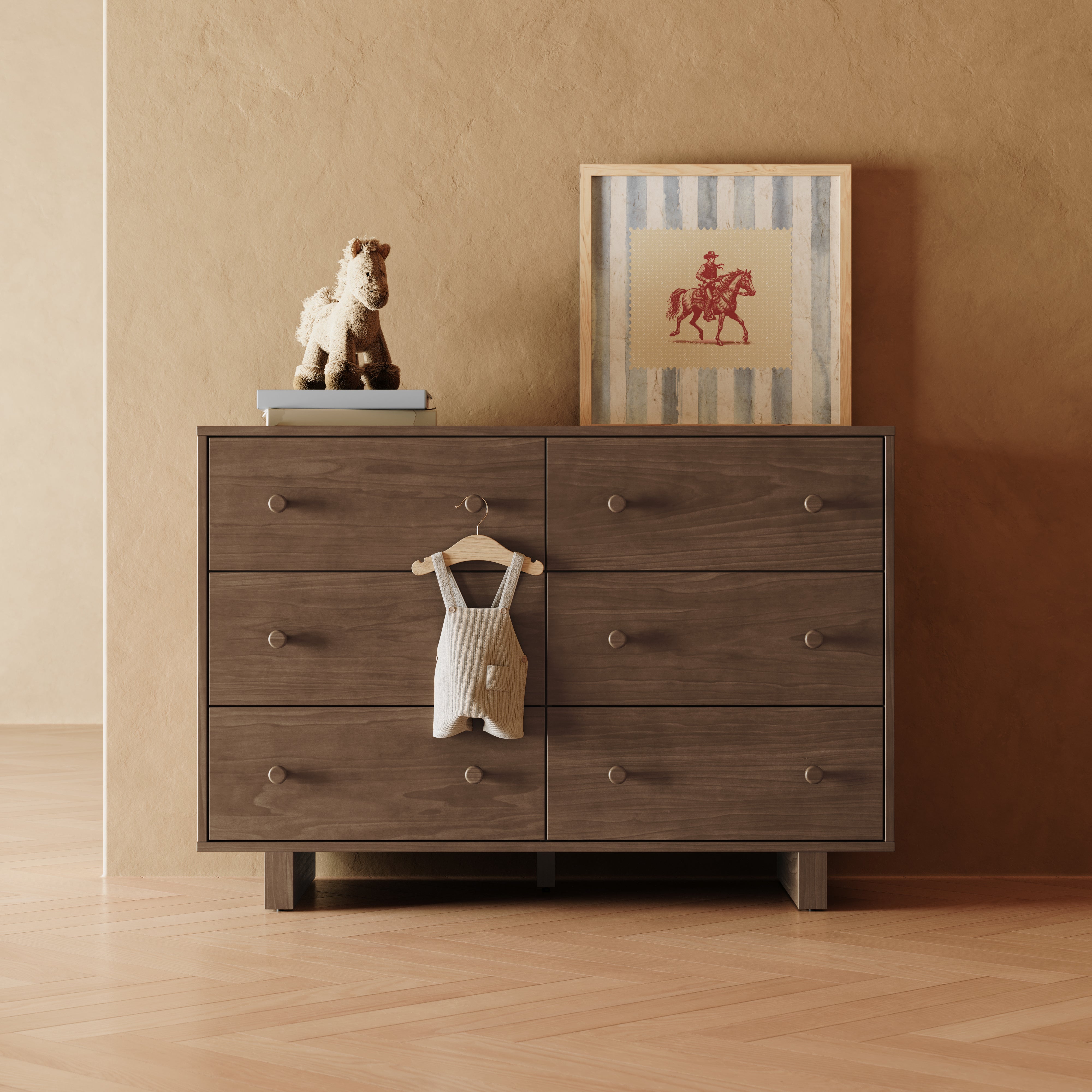 Hazelnut 6 drawer dresser in kid's room setting 