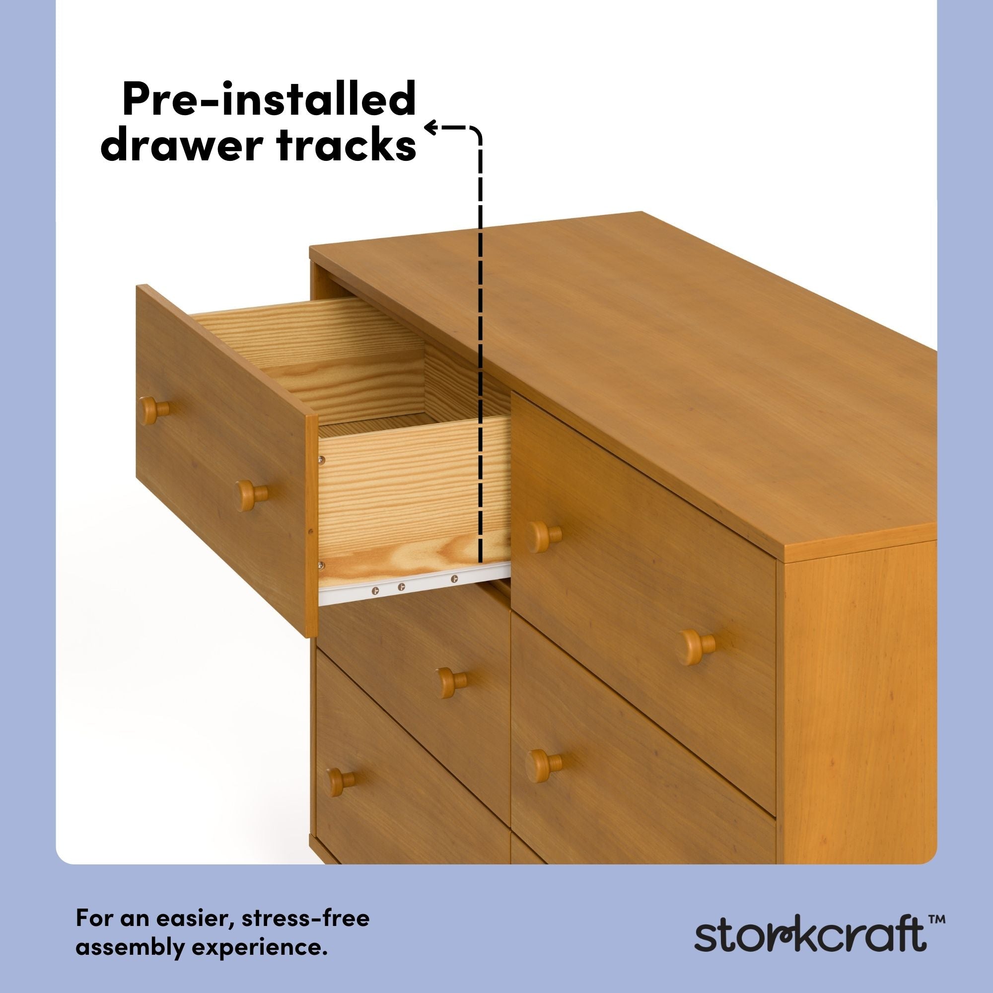 Texas almond 6 drawer dresser pre-installed drawer tracks callout