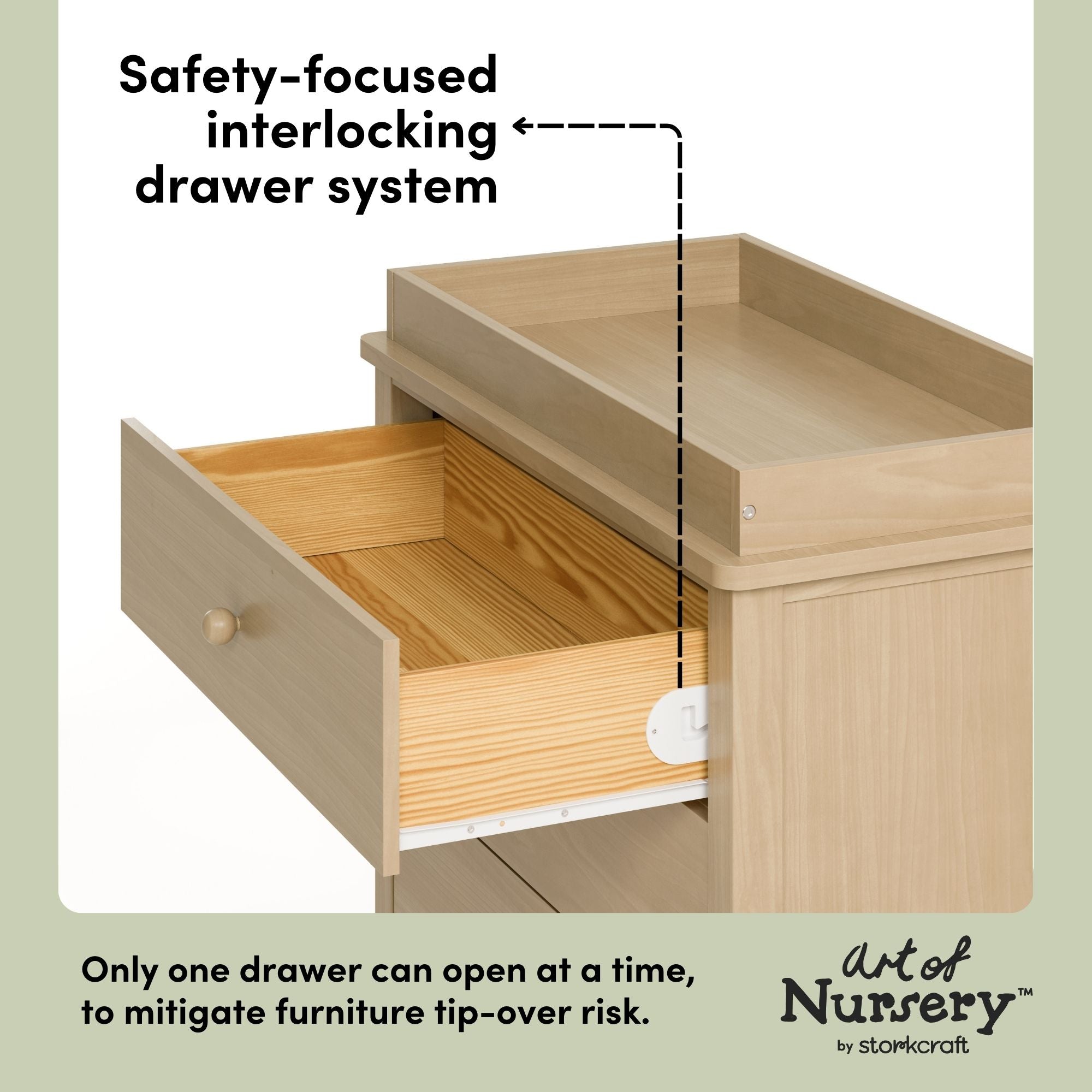 Rio driftwood 3 drawer chest with changing topper interlocking drawers callout