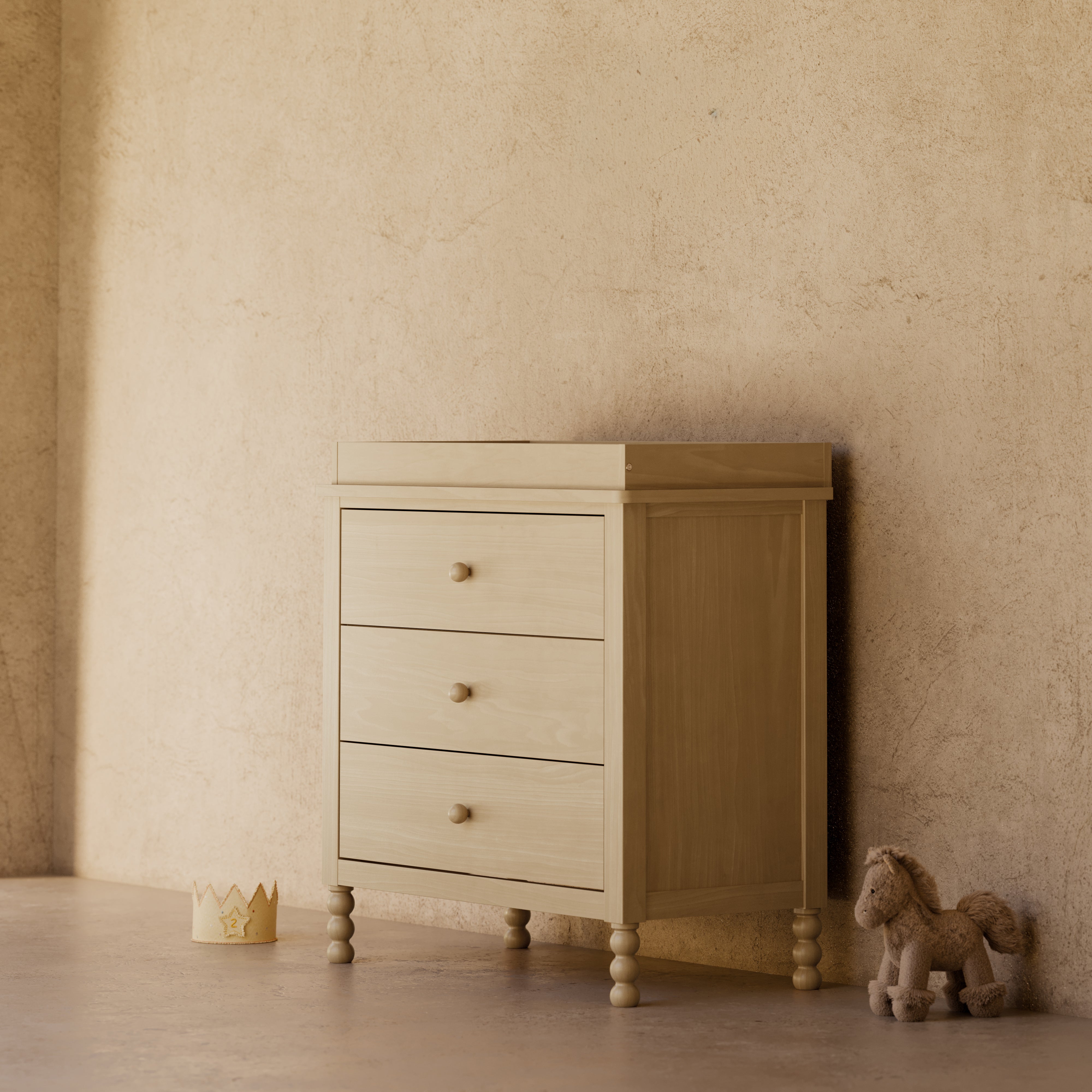 Rio driftwood 3 drawer chest with topper in a nursery