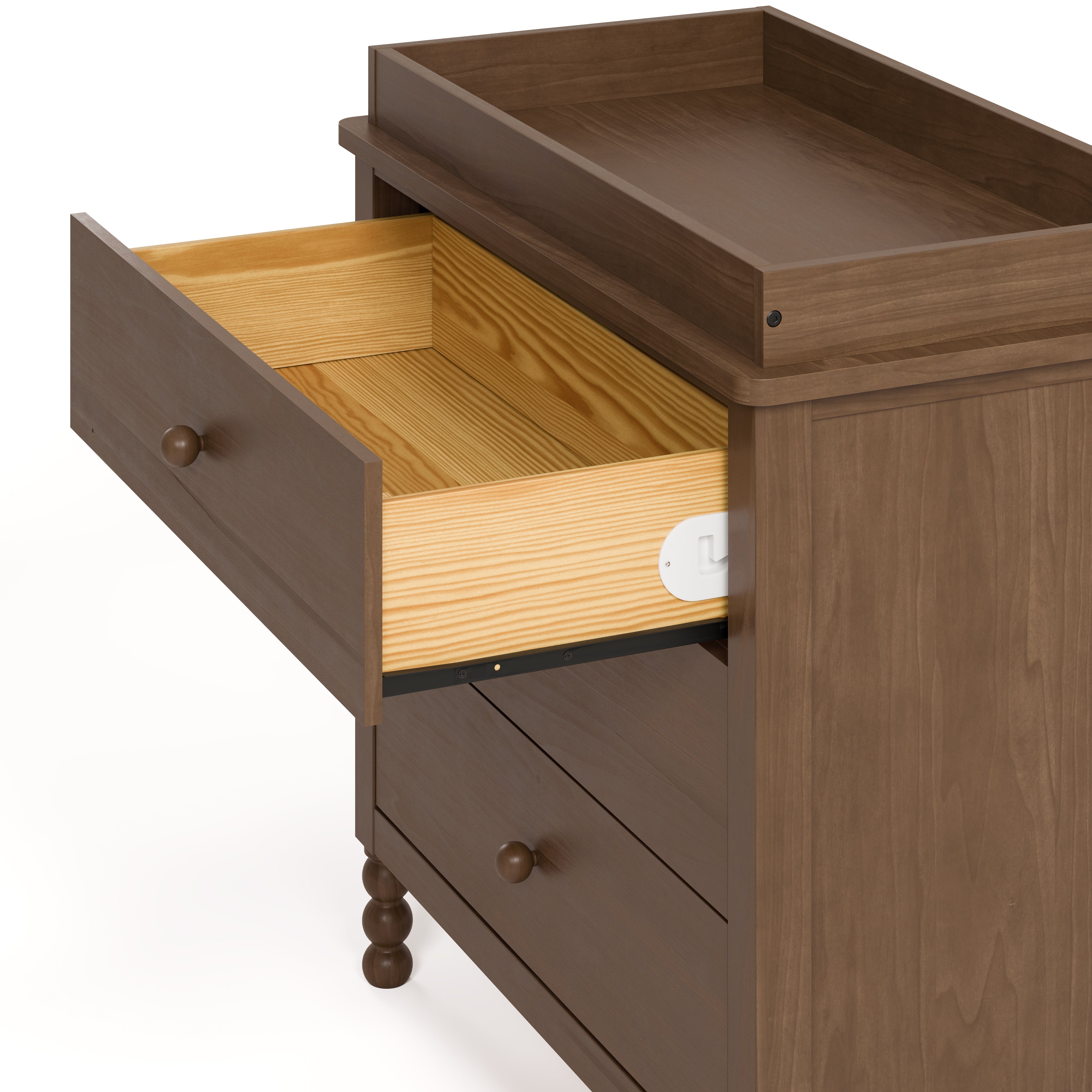 Rio hazelnut 3 drawer chest with changing topper with top drawer open