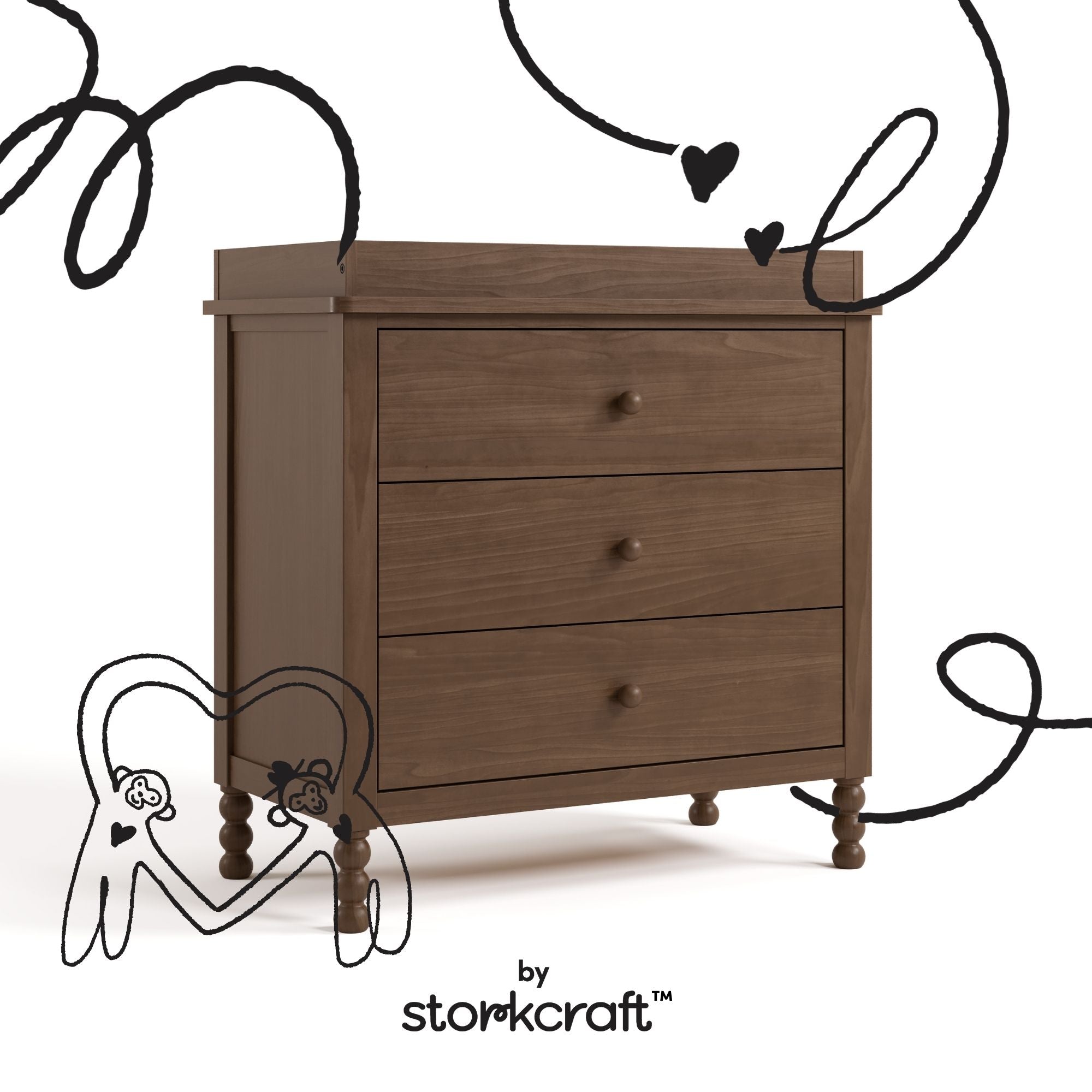 Rio hazelnut 3 drawer chest with changing topper with black doodles overlaid on image