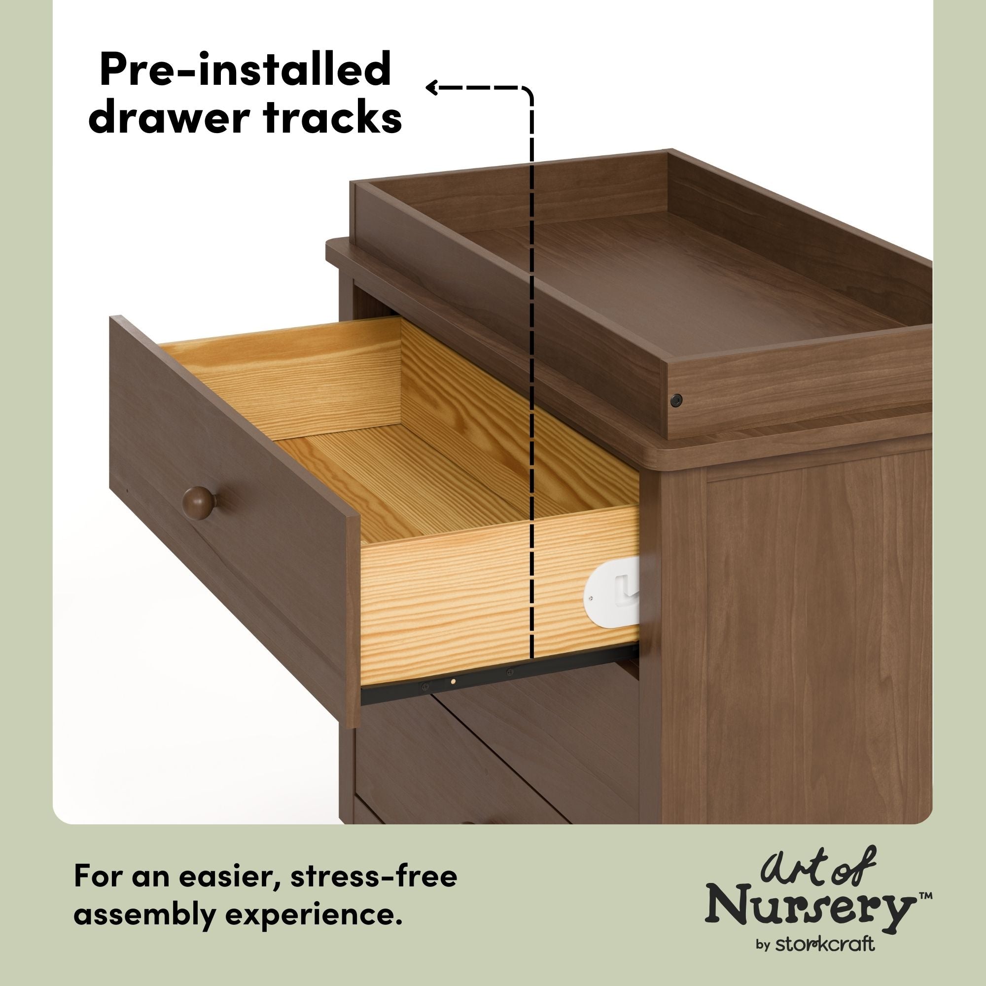 Rio hazelnut 3 drawer chest with changing topper pre-installed drawer tracks callout
