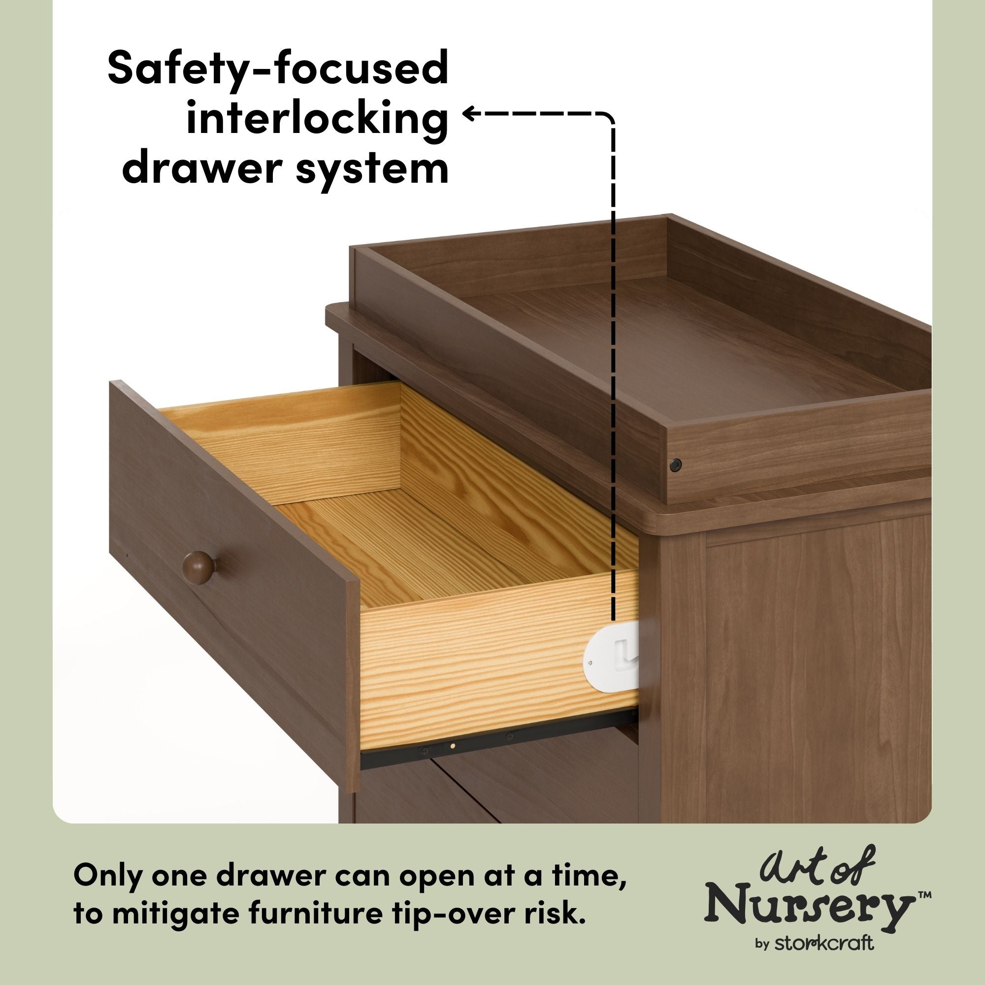 Rio hazelnut 3 drawer chest with changing topper interlocking drawers callout