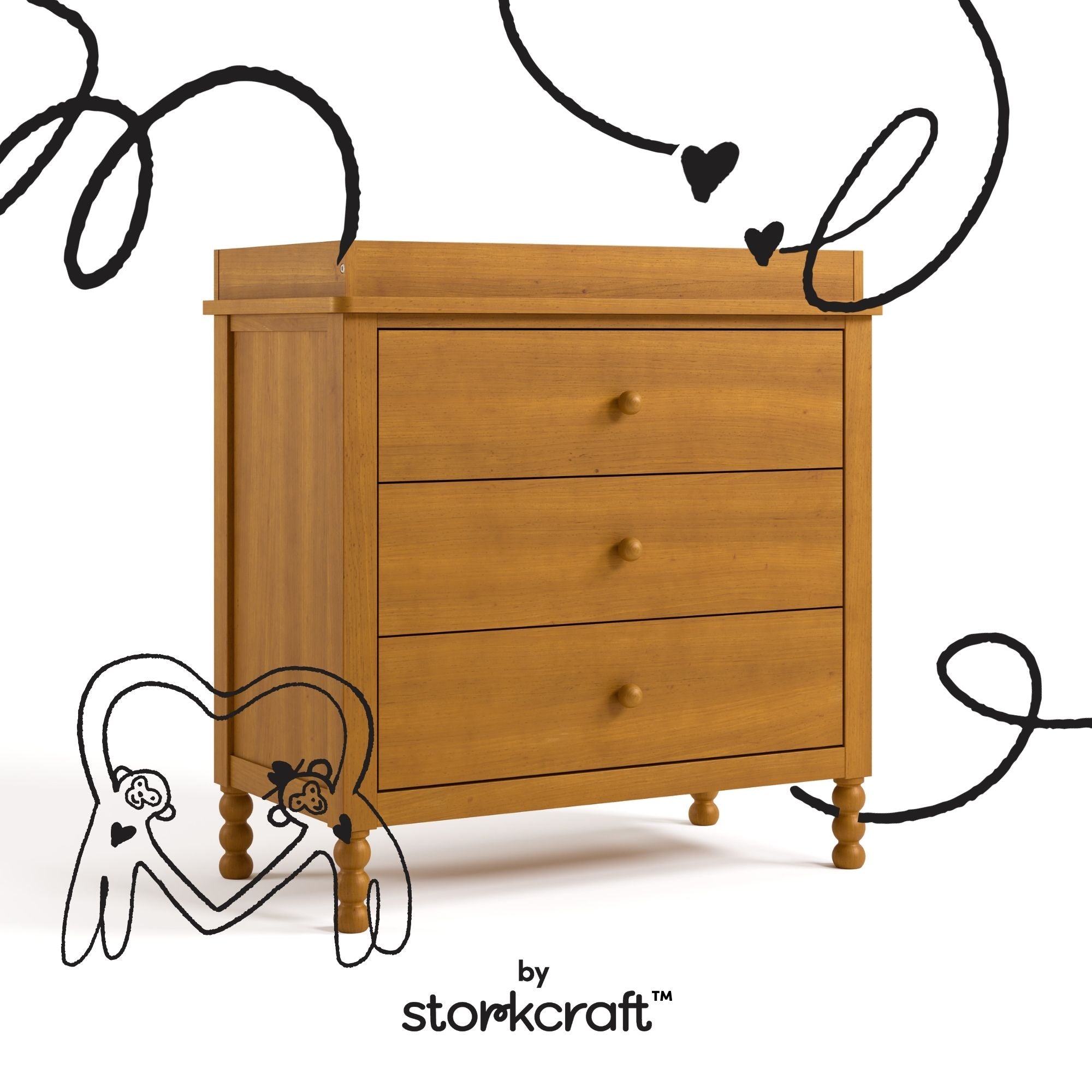 Rio almond 3 drawer chest with changing topper with black doodles overlaid on image