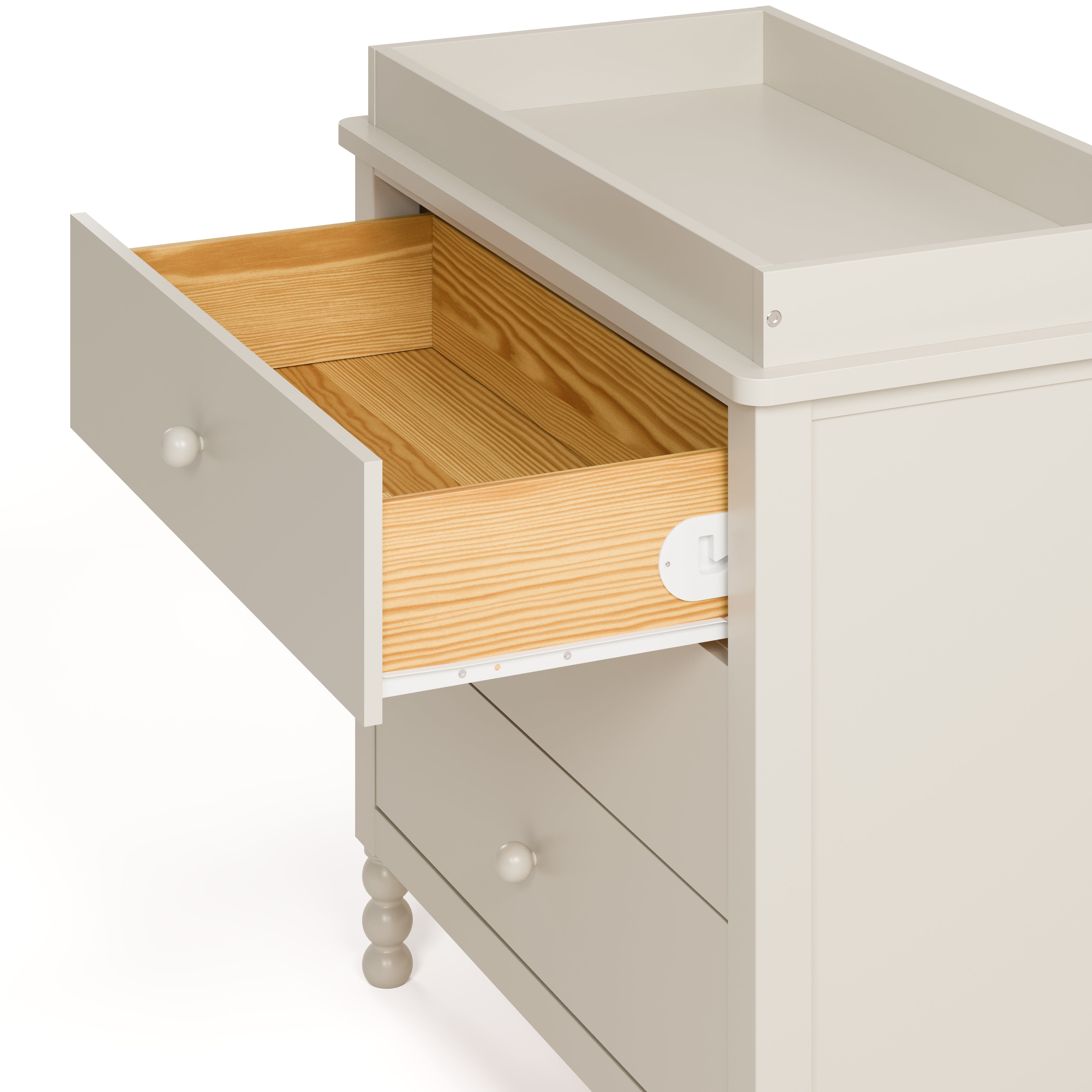 Rio frosted oat 3 drawer chest with changing topper with top drawer open