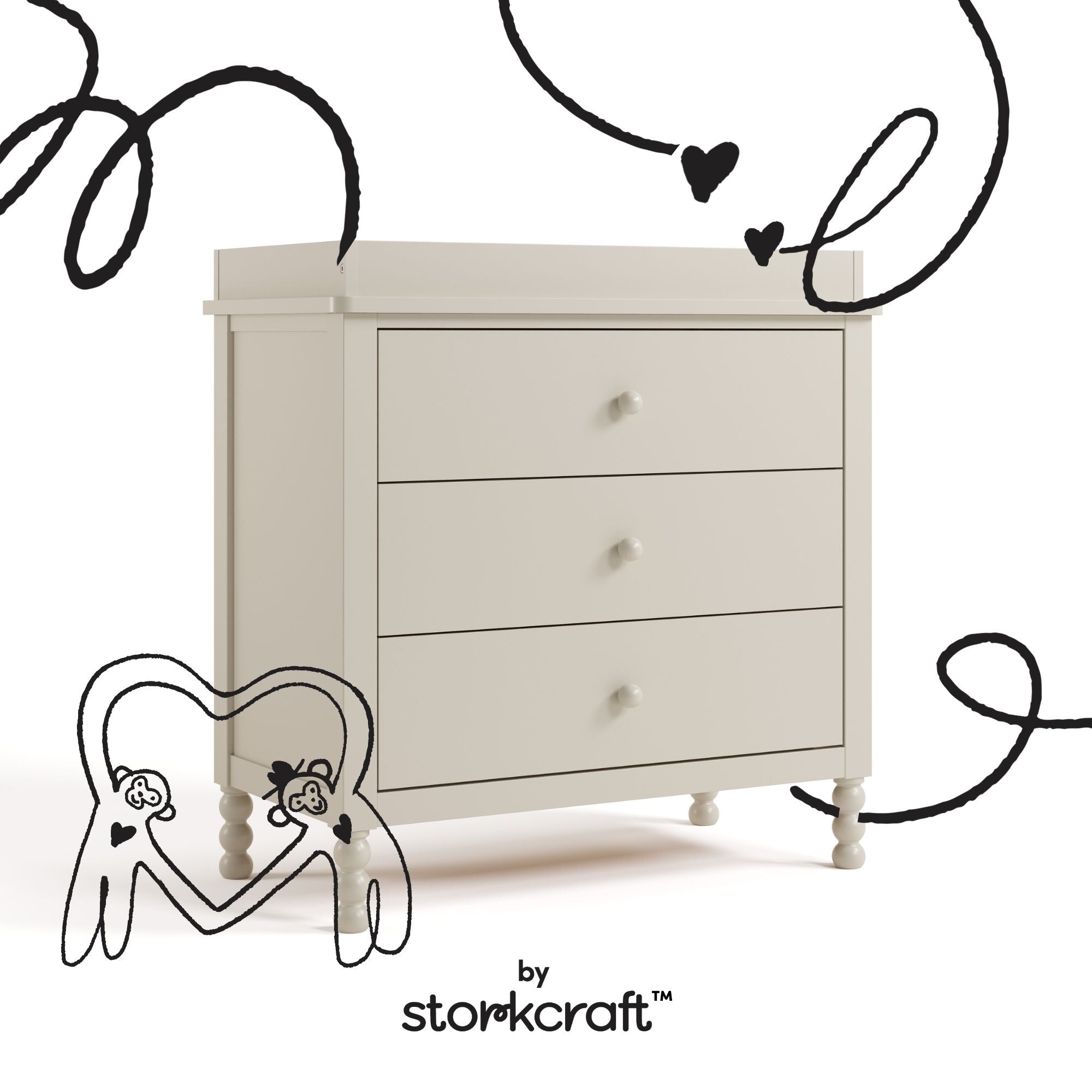 Rio frosted oat 3 drawer chest with changing topper with black doodles overlaid on image
