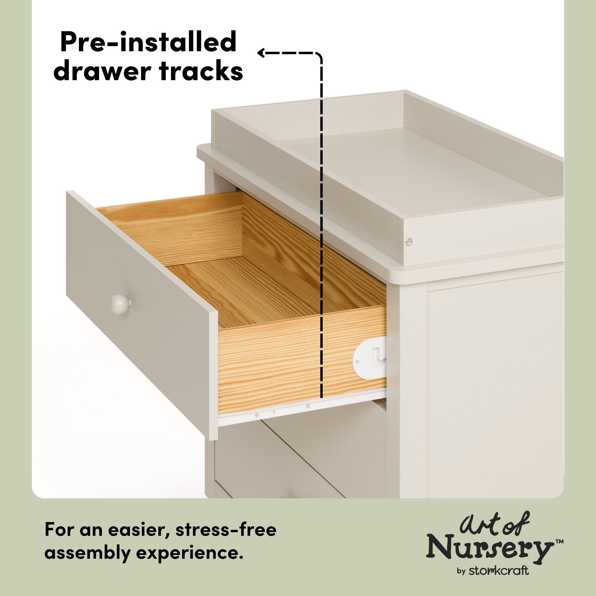 Rio frosted oat 3 drawer chest with changing topper pre-installed drawer tracks callout